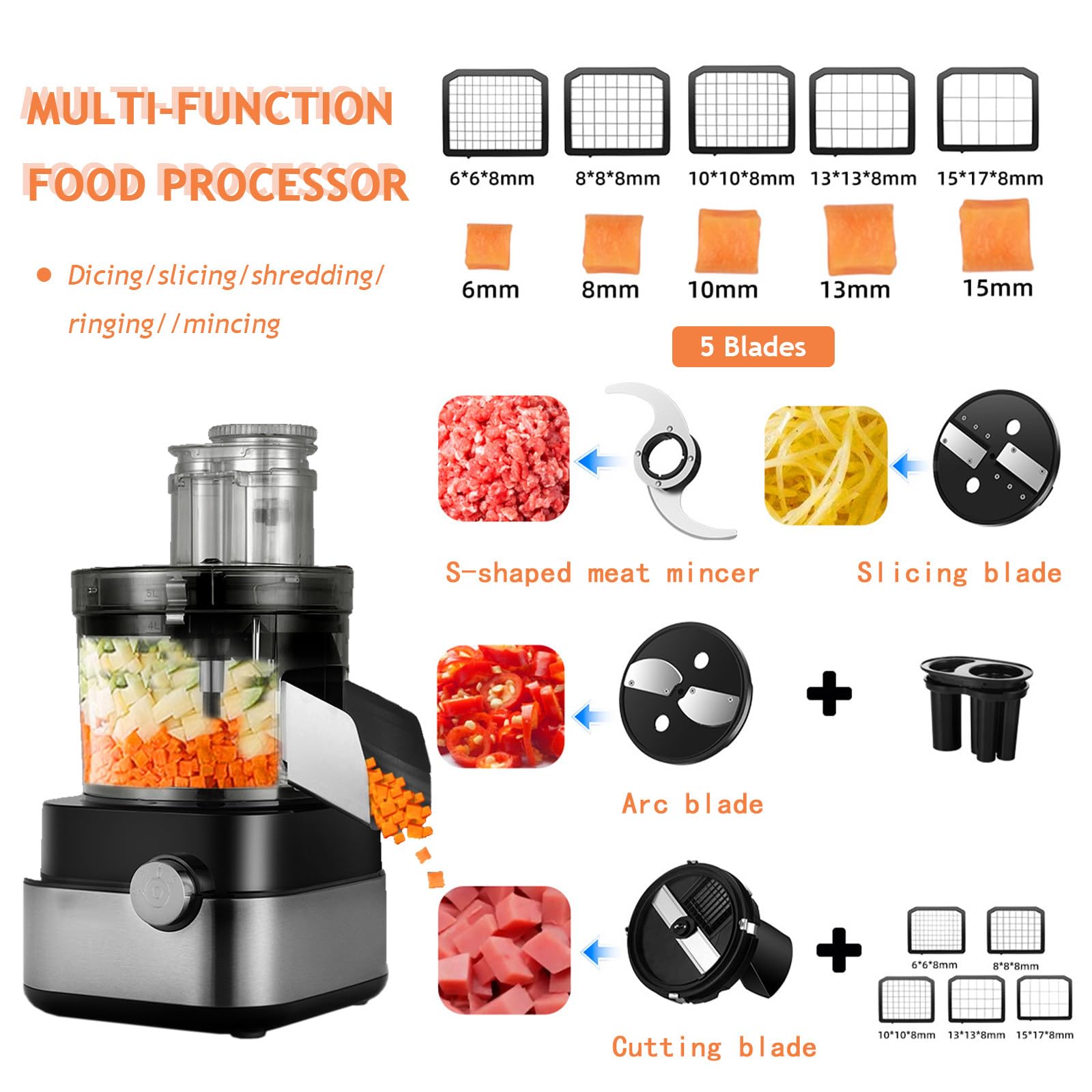 Picadora eléctrica de alimentos con cuenco de acero inoxidable y múltiples cuchillas para rebanar, cortar y triturar eficientemente en la preparación a granel