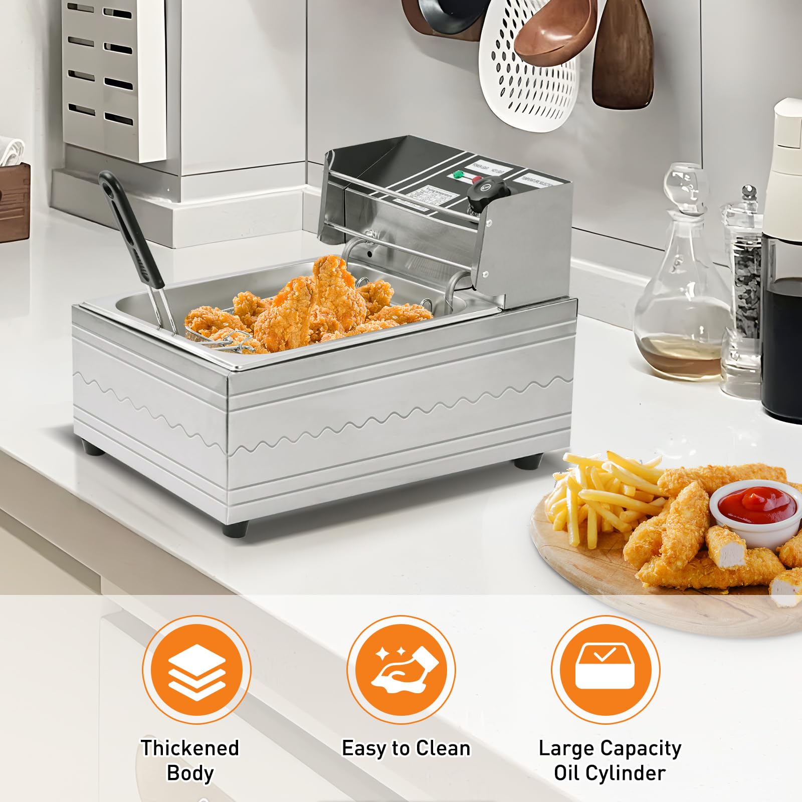 Freidora eléctrica – Freidora eléctrica de gran capacidad de 6 litros con cesta desmontable, control de temperatura ajustable, freidora comercial de acero inoxidable de 1600 W para restaurante y hogar 2