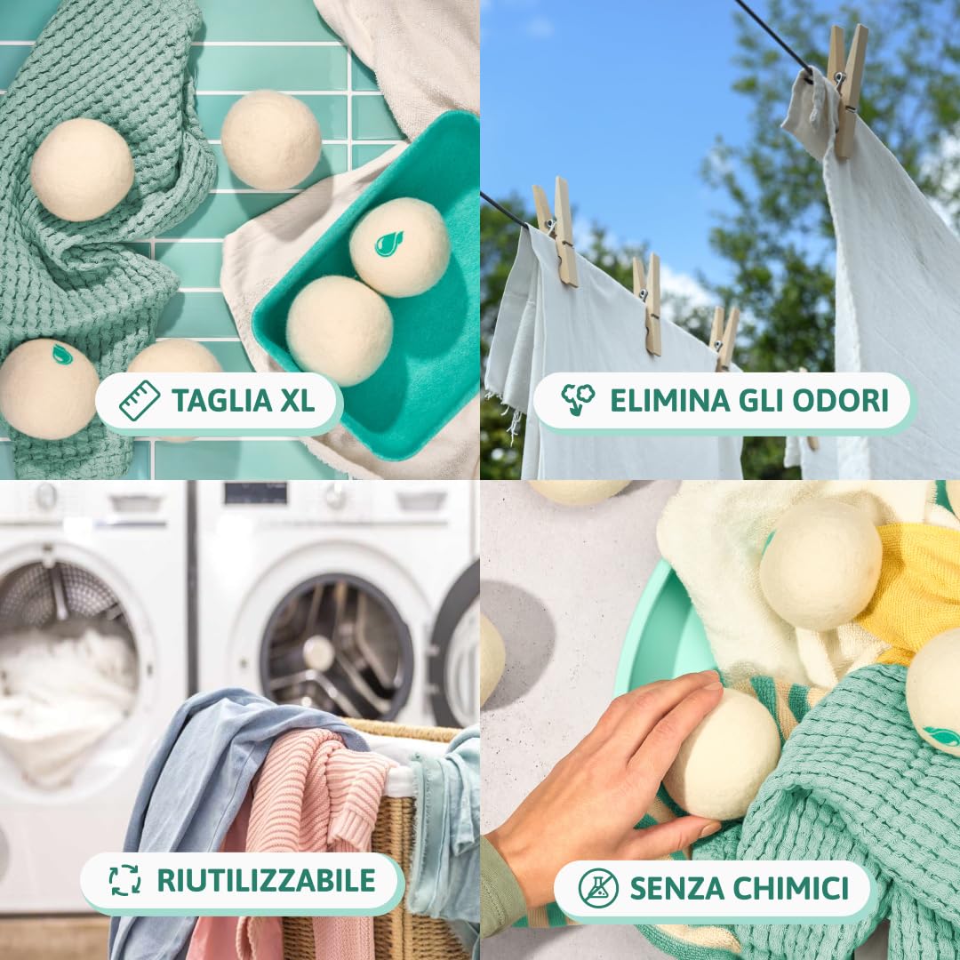 NATULIM Palline di Lana per Asciugatrice Set 6 XL - Ammorbidente Naturale Riutilizzabile Senza Plastica - 100% Lana Nuova Zelanda