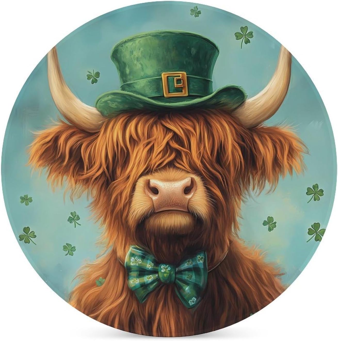 Highland Cow St Patricks Day Round Ceramic Coasters for Drinks Absorbent Cup Holder Tabletop Protector with Cork Base