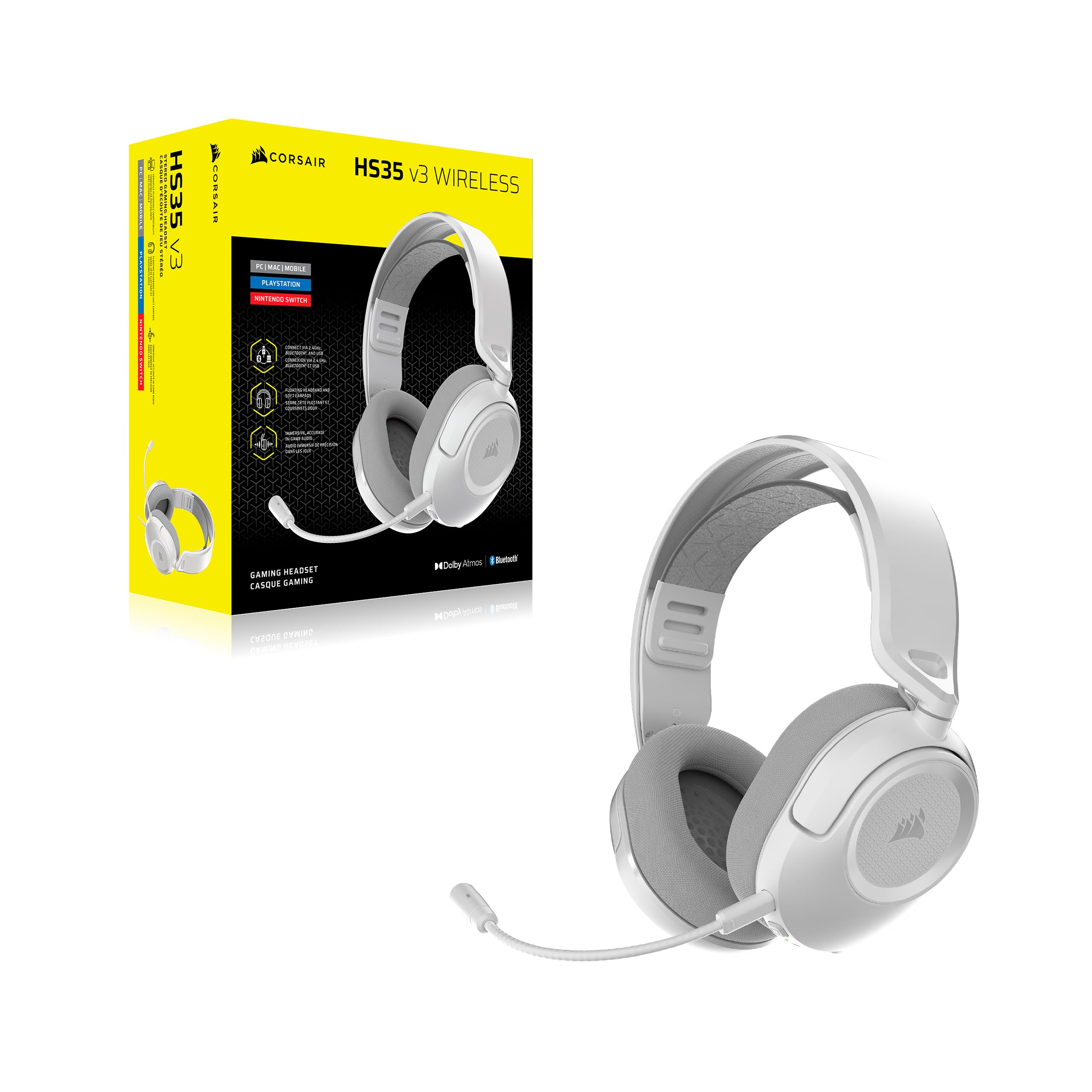 Corsair HS35 v3 Kabelloses Gaming-Headset mit Mikrofon – Weiß | 2,4 GHz & Bluetooth (PC, PS5, PS4, Switch, Mac, Mobilgeräte), Leicht und Komfortabel, Dolby Atmos