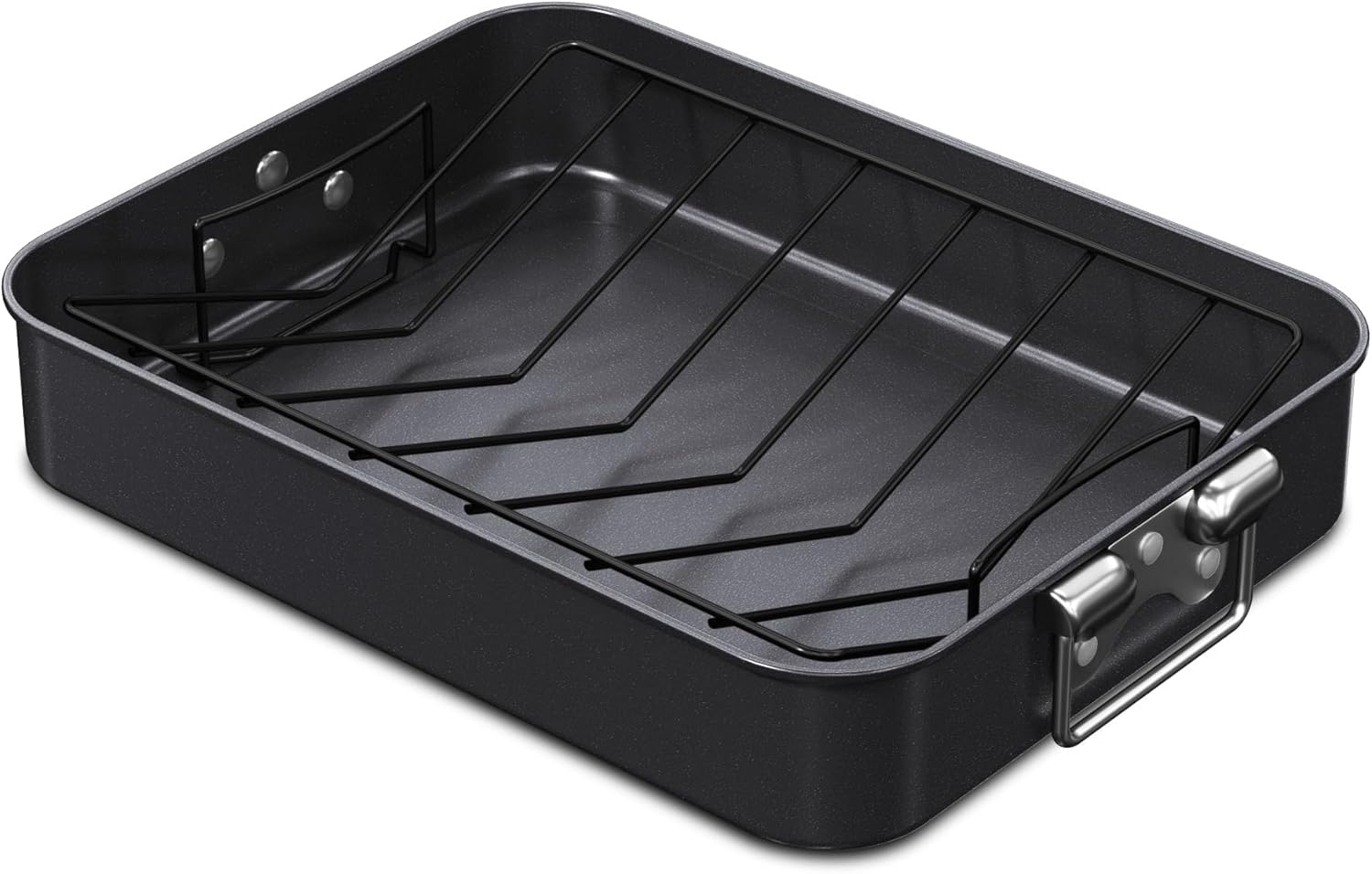 CHEFMADE Turkey Roasting Pan with V Rack, 16 Inch Deep Roasting Pan, Deep Lasagna Pan for BBQ Vegetbale and Meat 16" x 12.8" x 3" (Black)