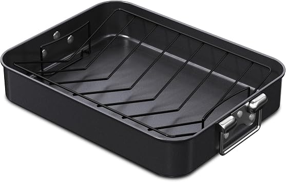 CHEFMADE Turkey Roasting Pan with V Rack, 16 Inch Deep Roasting Pan, Deep Lasagna Pan for BBQ Vegetbale and Meat 16 x 12.8 x 3 (Black)