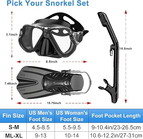 Miniatura 4 de Juego de esnórquel para adultos, equipo de esnórquel 4 en 1 con aletas de buceo ajustables, máscara antivaho, esnórquel superior seco y tapones para