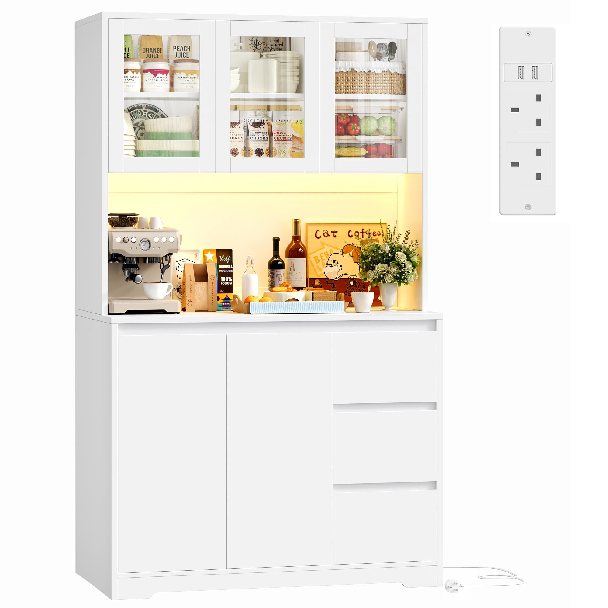 FirFurd Kitchen Cupboard 180cm Tall Cabinet with LED, Power Sockets Kitchen Sideboard Storage Cabinet with Large Countertop, Adjustable Shelves, 3 Drawers 180x100x38.5 cm White