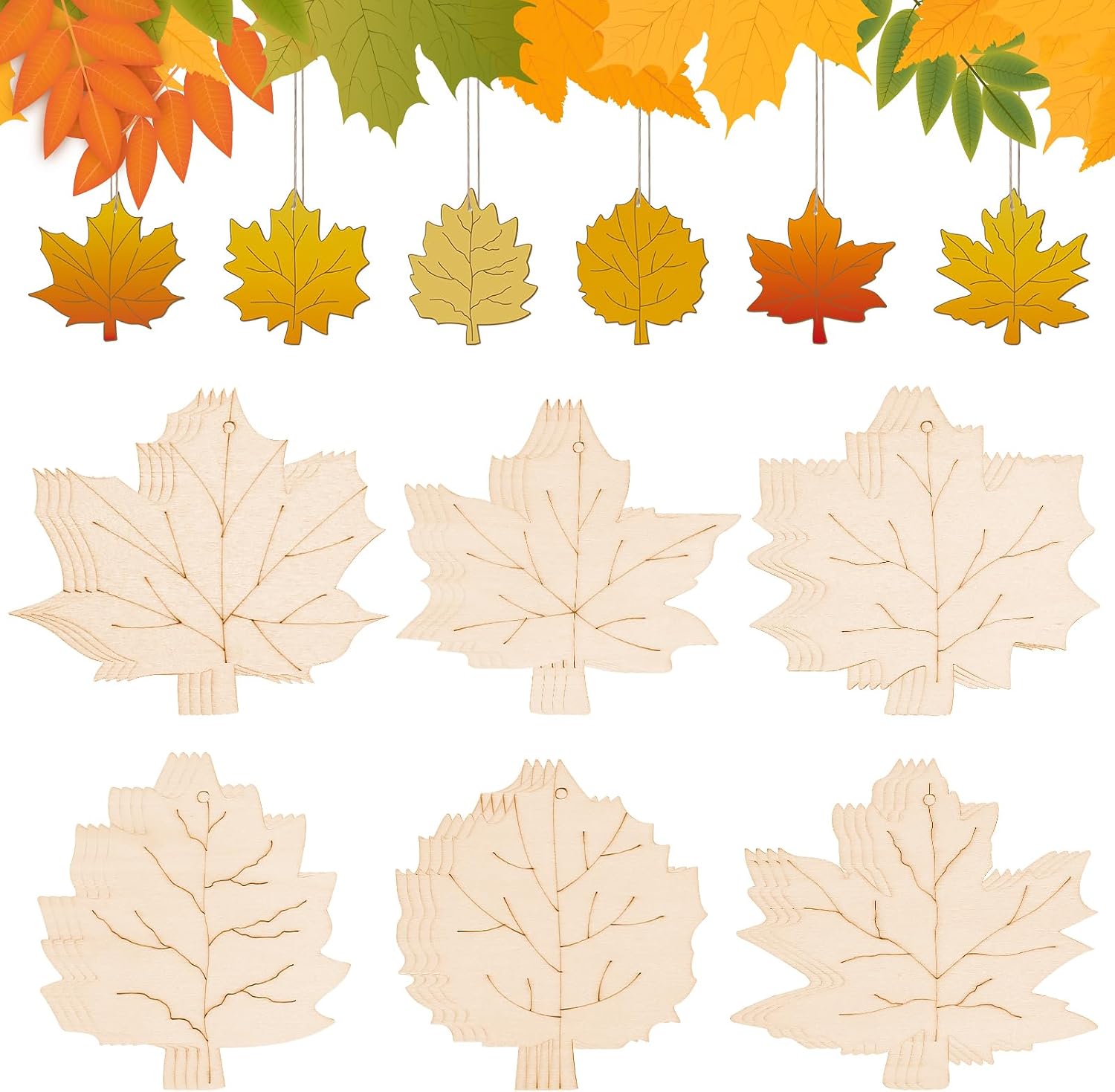 24 PCS Unfinished Wooden Fall Crafts Maple Leaves Shaped Hanging Ornaments