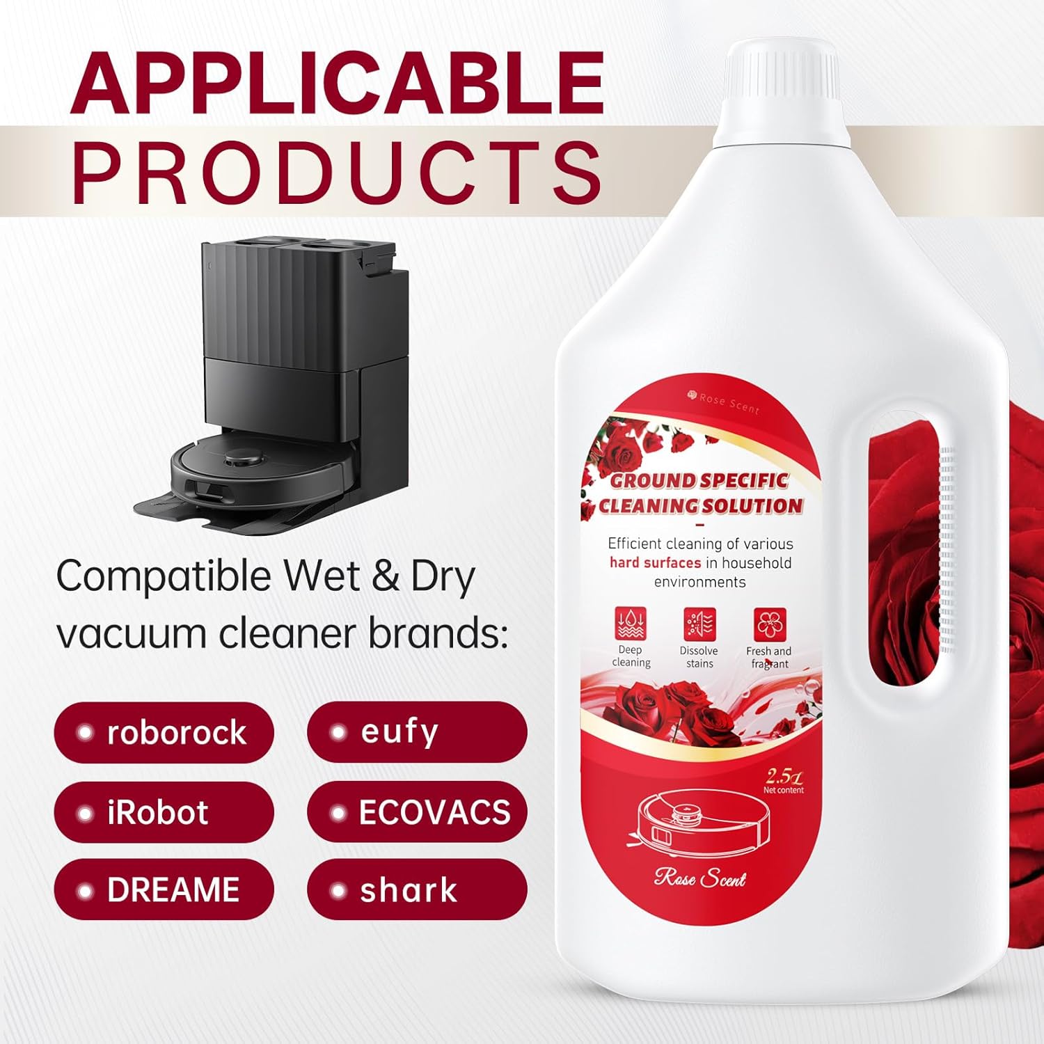 2.5L Floor Cleaning Solution Compatible with Roborock/Eufy/iRobot/Ecovacs/Dreame/Shark, Fragrance Deodorization, Deep Cleans for Multiple Hard Floors (2.5 Liter, 【Rose】)