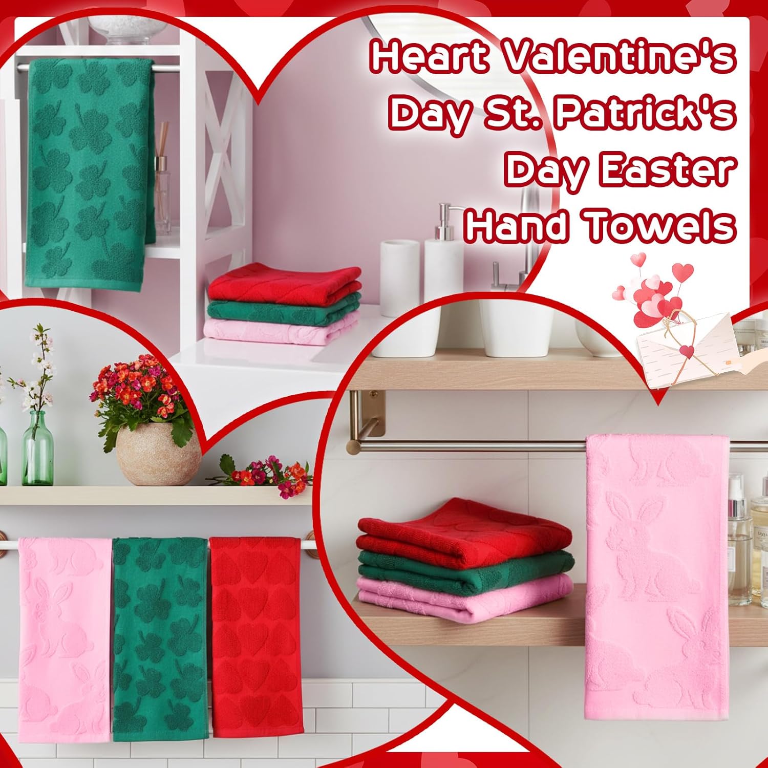 Peryiter 6 Pack St. Patrick's Day Easter Hand Towels Clover Bunny Heart Hand Towels, Cotton Jacquard 13.8 x 29.5 in Bathroom Kitchen Towel, Spring Holiday Towel Set for Home Decor, Gifts