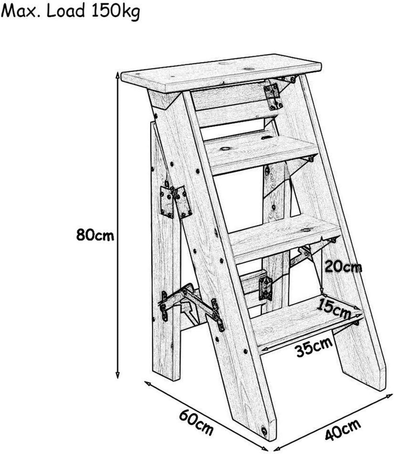 Step Stool Natural Foldable Step Ladder 4 Steps - Lightweight Wooden Stool with Dual-Use Tread & Staircase Chair for Home & Library