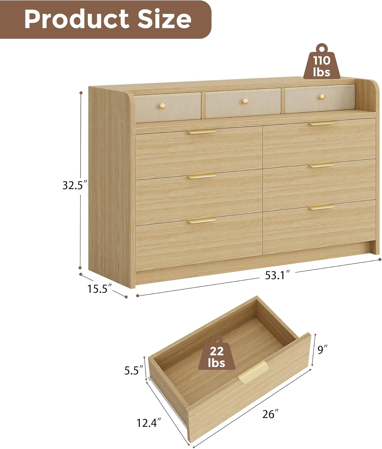 53'' Wide 9 Drawer Dresser for Bedroom, Wood TV Stand Dresser with Power Outlets & LED Light, Chest of Drawers Closet Store Organizer for Living Room, Hallway, Light Oak