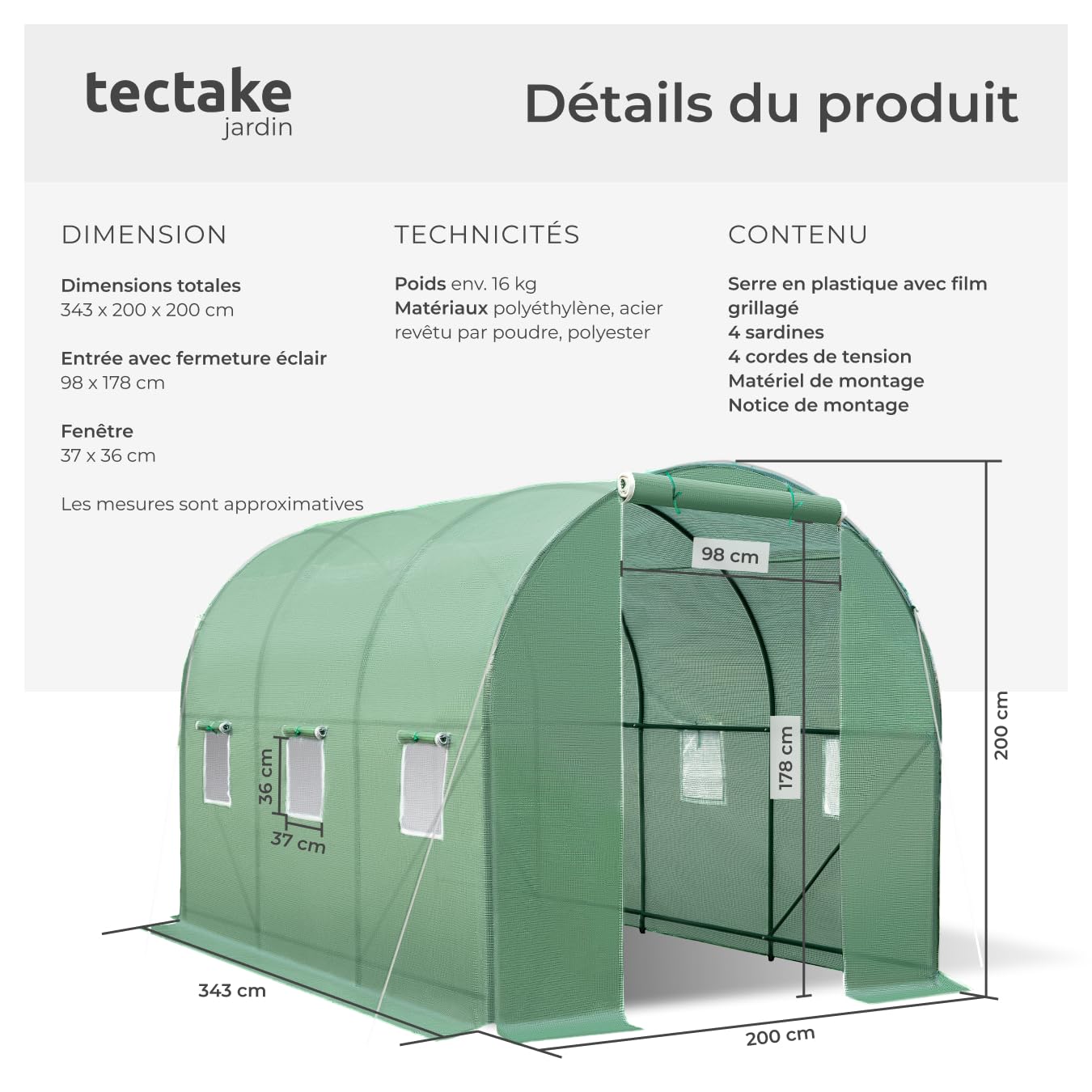 tectake® Serre de Jardin 7m2 Tunnel en Acier Thermo-Laqué & Plastique Anti UV avec 6 Fenêtres Latérales pour Potager Exterieur Serre d'hivernage Tente Abri pour Plantes Serre à semis 343x200x200cm