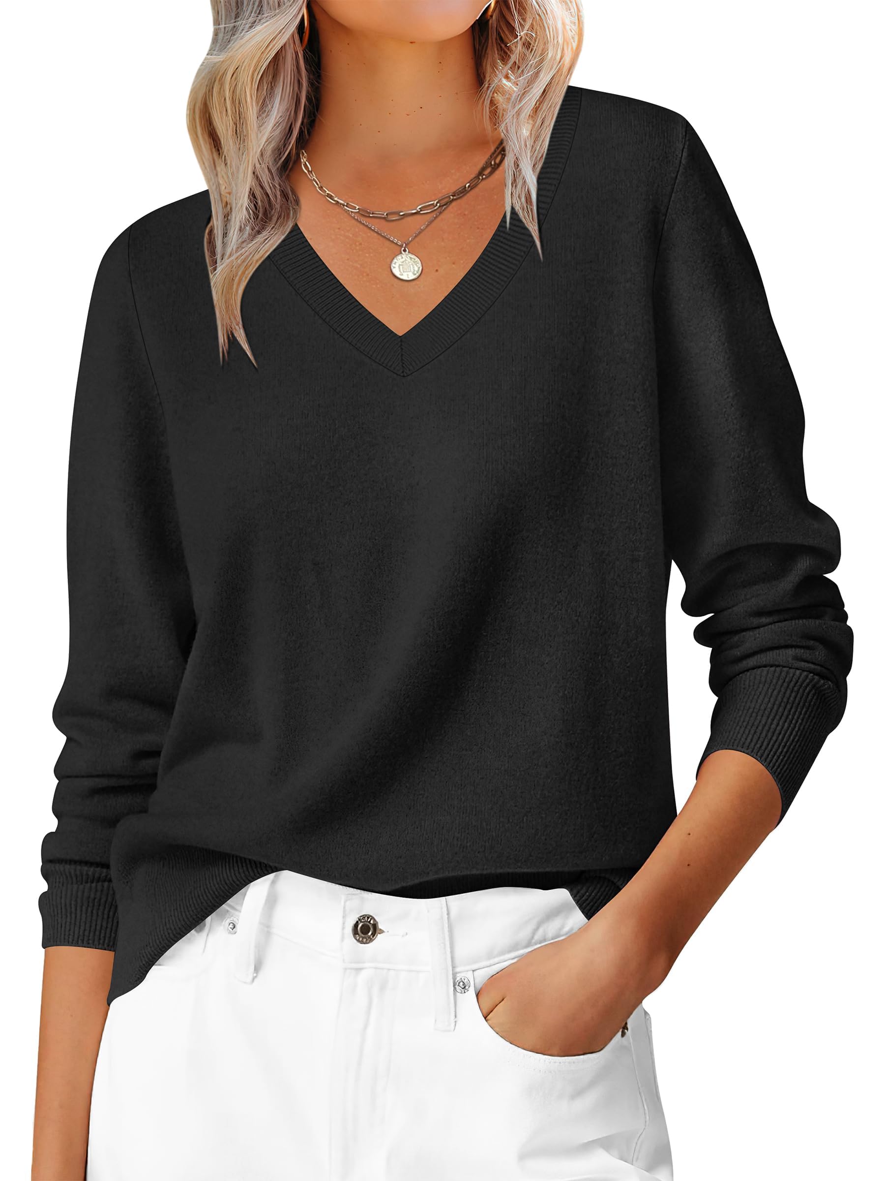 Hotouch Pull à col en V pour femme - Manches longues - Pull basique - Léger et ample - Automne - Hiver - Chaud - Tailles S à XXL