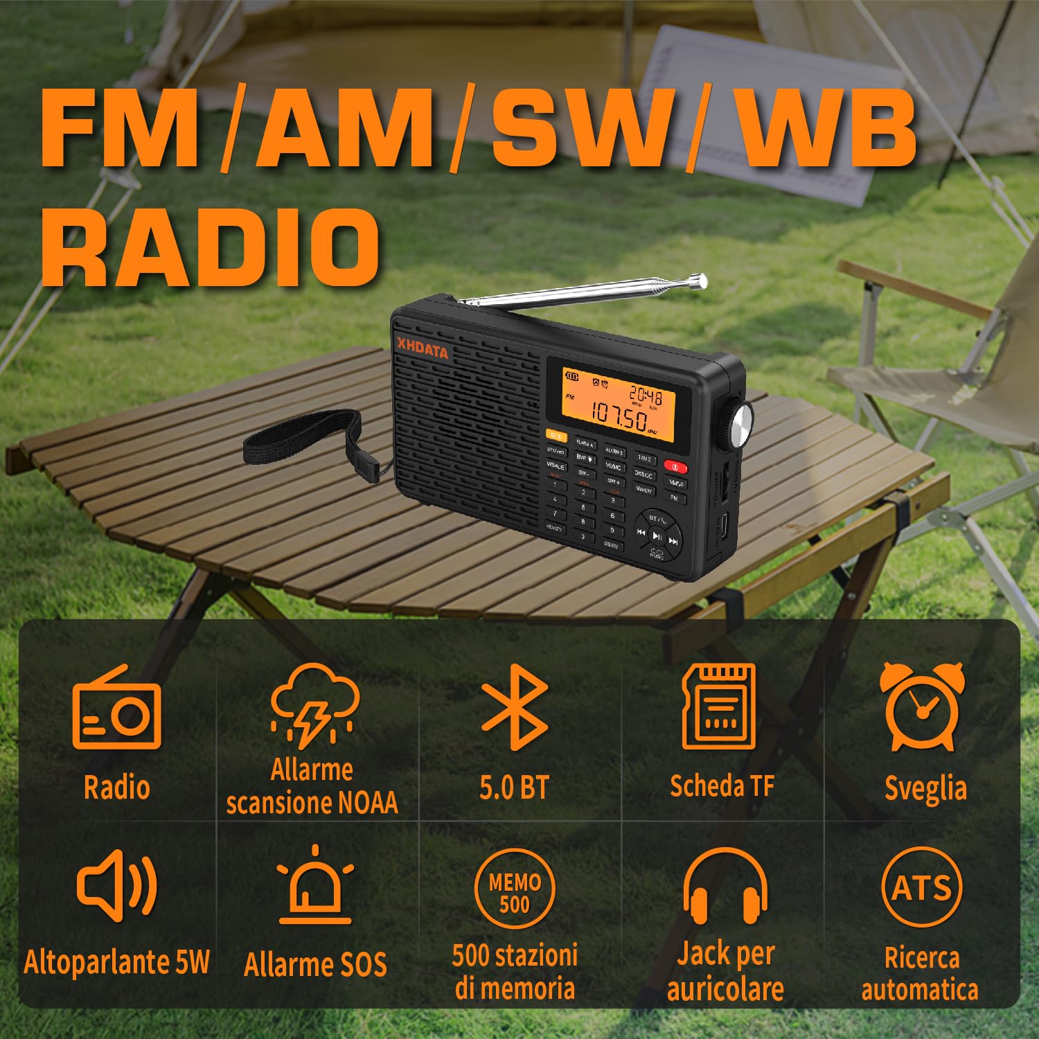 XHDATA D109WB Radio Portatile Tascabile Ricaricabile, FM/AM/LW, Orologio E Doppio Sveglia, Presa Per Cuffie, Lettore Mp3 Stereo Tf/bluetooth, Jogging, Passeggiate, Cucina, Famiglia Anziani Applicabile