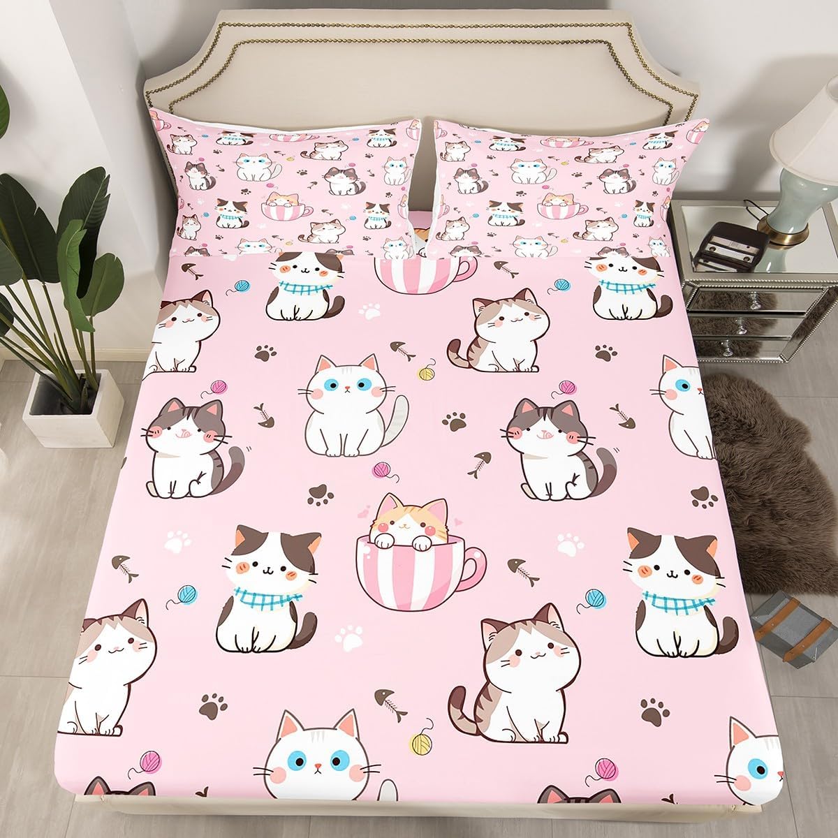 Feelyou Toddler Cat Fitted Sheet for Kids Boys Girls Cats Print Bedding Set Queen Size Kawaii Cartoon Bed Sheet Set Room Decor Cute Kitten Bed Cover Deep Pocket Pink Animal Themed Bed Set 3Pcs