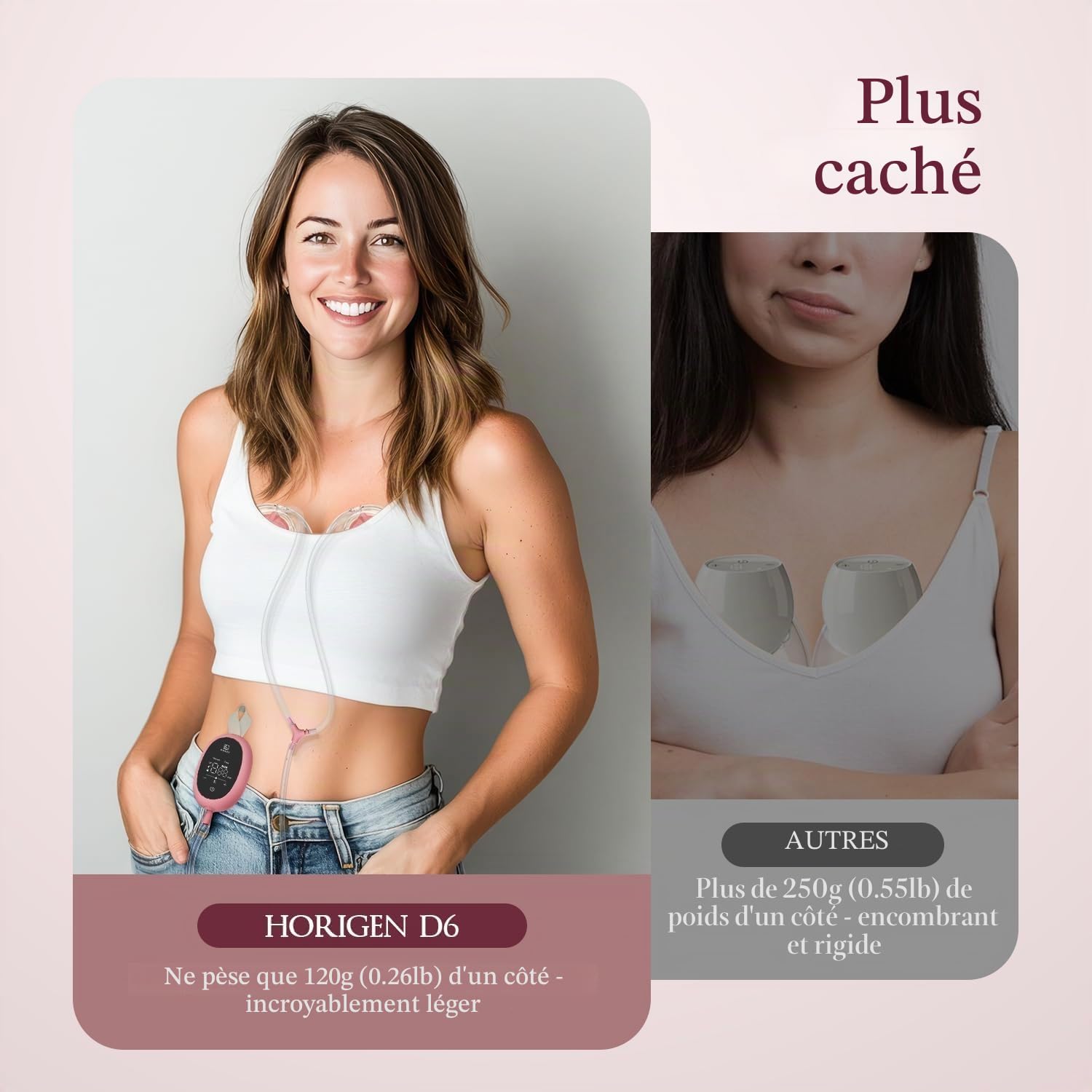 Horigen Tire-lait mains libres D6, tire-lait portable ultra léger avec bride à double joint souple – 25 mm, pompe électrique portable silencieuse et anti-fuite, 3 modes et 9 niveaux, moteur à faible