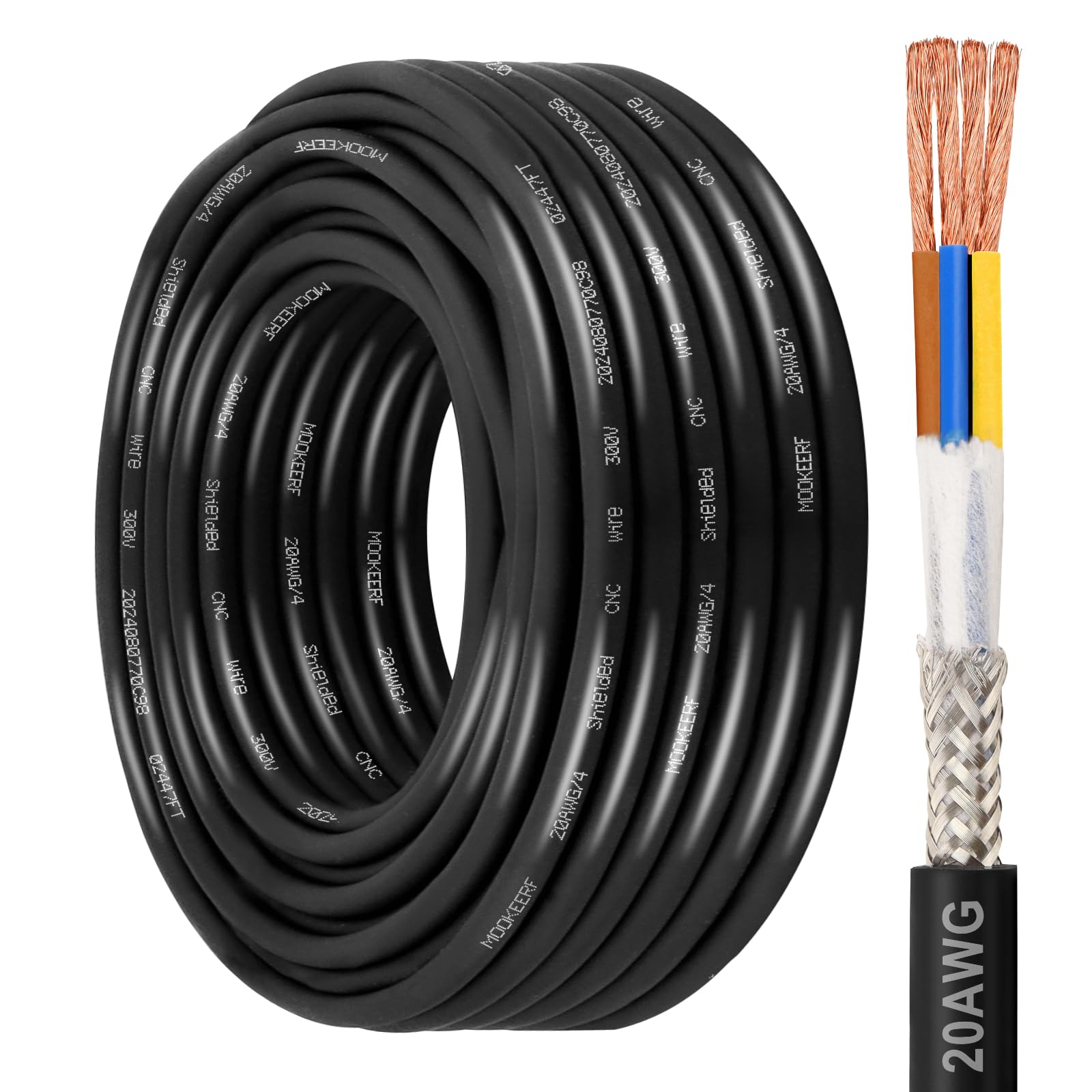 MOOKEERF 20/4 Shielded Wire 50FT,20AWG 4 Conductor Shielded Cable Stranded Pure Copper CNC Wire for CNC Router Machine,CNC VFD Spindle,3D Printer,