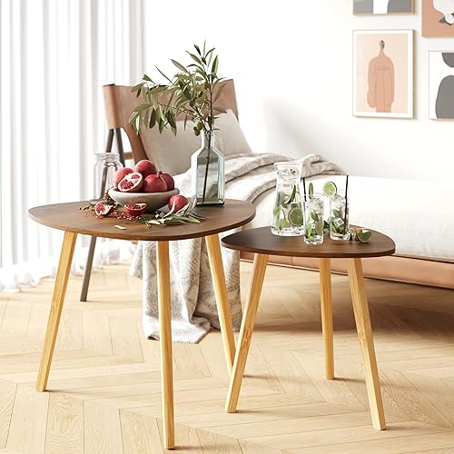 Miniatura 26 de BAMEOS Mesa auxiliar triangular anidable de bambú, juego de 2 mesas auxiliares modernas minimalistas para sala de estar, balcón en blanco y gris