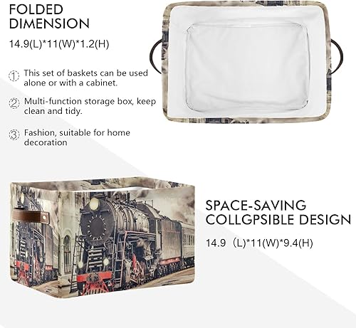 Miniatura 3 de AUUXVA Cesta de almacenamiento vintage Express Steam Train Cube Box Durable Canvas plegable Toy Basket Organizador con asas para estantería