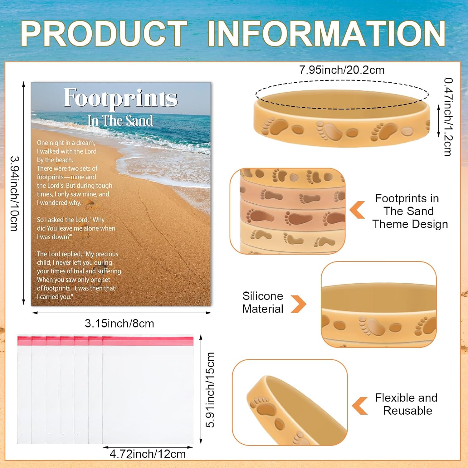 Ecally 36 Sets Footprints in the Sand Wristbands, Bible Verse Prayer Cards