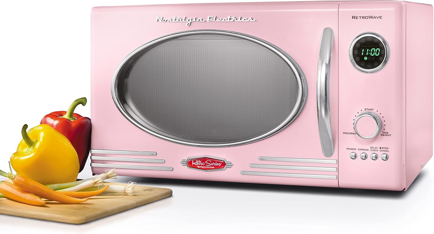 Nostalgia Retro Countertop Microwave Oven, 0.9 Cu. Ft. 800-Watts, Child Lock, Cu.Ft, Pink & Keurig K-Mini Coffee Maker, Single Serve K-Cup Pod Coffee Brewer, 6 to 12 oz. Brew Sizes, Dusty Rose