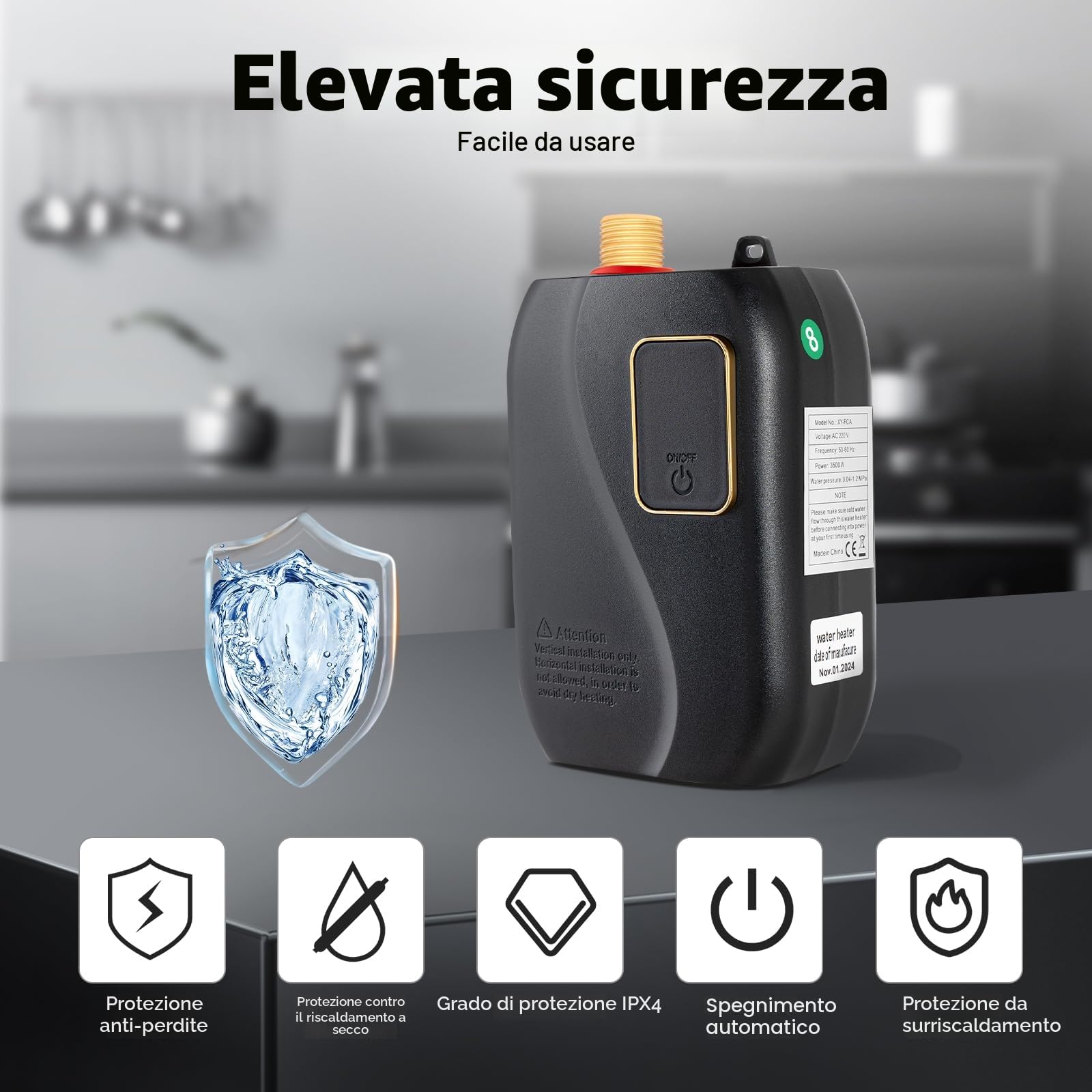 Scaldacqua istantaneo 230V, scaldacqua elettrico senza serbatoio, doccia elettrica istantanea senza serbatoio 3500W, per bagno e cucina, 25-50 °C
