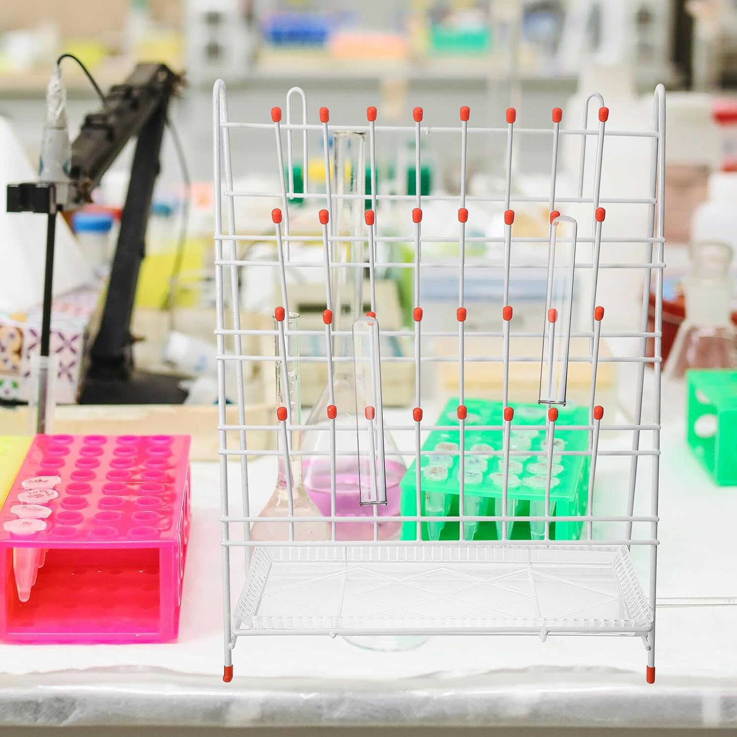 CHILDWEET 32-peg Laboratory Drying Rack Metal Draining Rack for Test Tubes and Bottles with Plastic Coating Standing Glassware Drying for Lab and Scientific Use