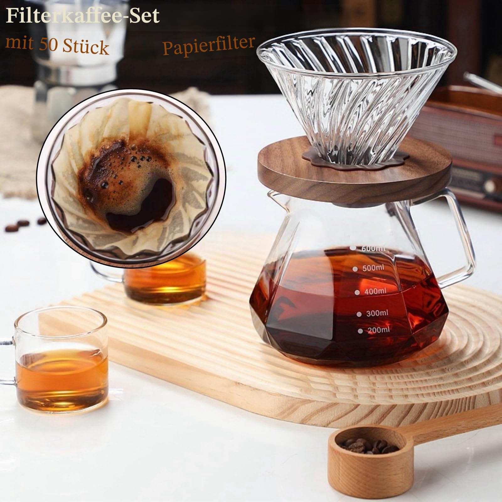 Pour Over Kaffeebereiter-Set 600 ml Borosilikatglas Kaffeeserver mit Glasdeckel 50 Papierfilter Walnuss-Griff