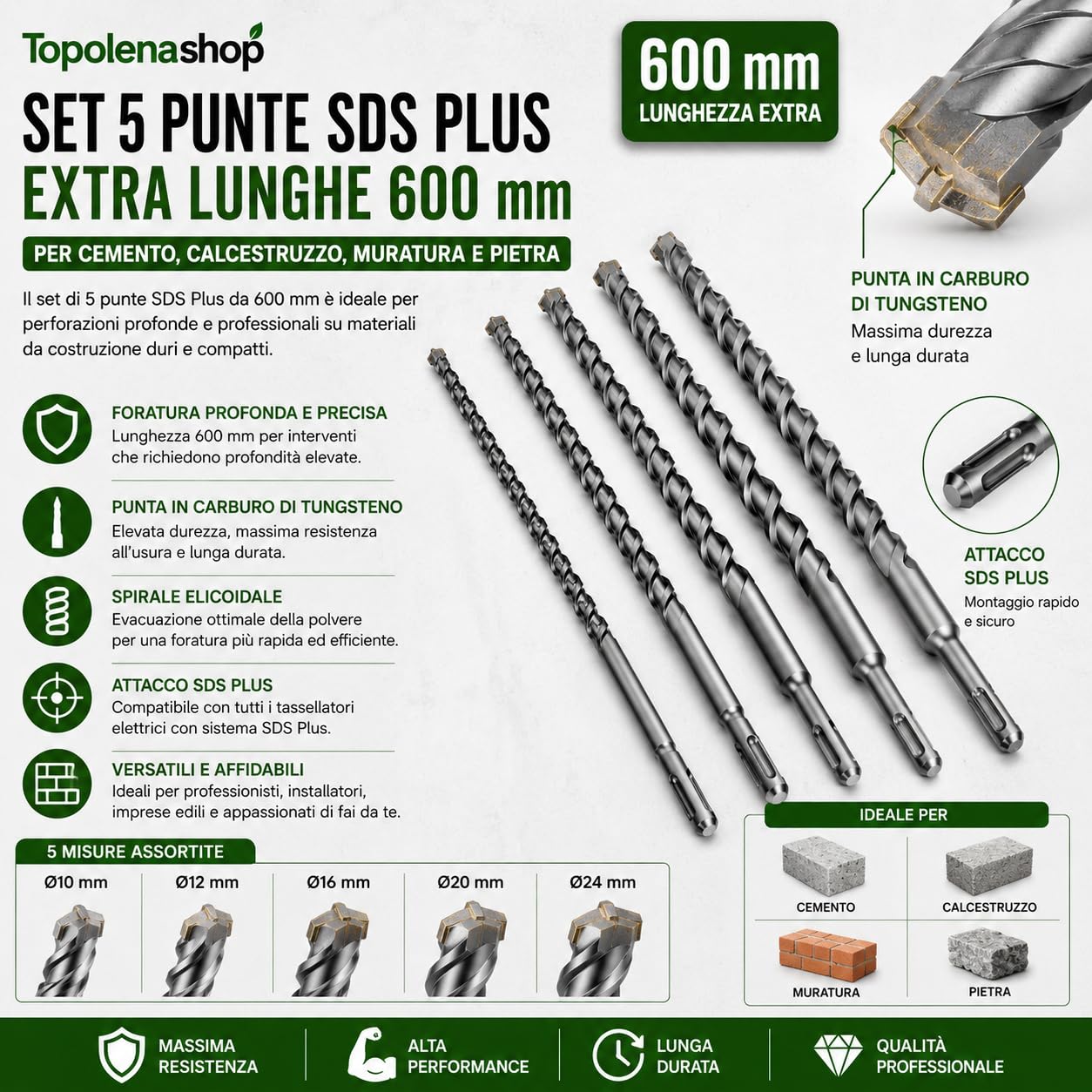 Set di 5 Punte SDS PLUS 600 mm per Trapano Tassellatore – Diametri 10, 12, 16, 20, 24 mm per Cemento, Pietra e Calcestruzzo – Elevata Resistenza e Durata
