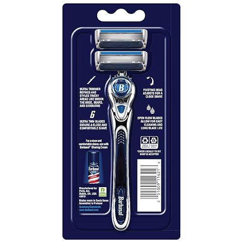 Miniatura 2 de Barbasol Ultra 6 Plus - Maquinilla de afeitar para hombre con 2 repuestos de cuchillas de afeitar (1 mango + 2 cartuchos), cuchillas de afeitar para