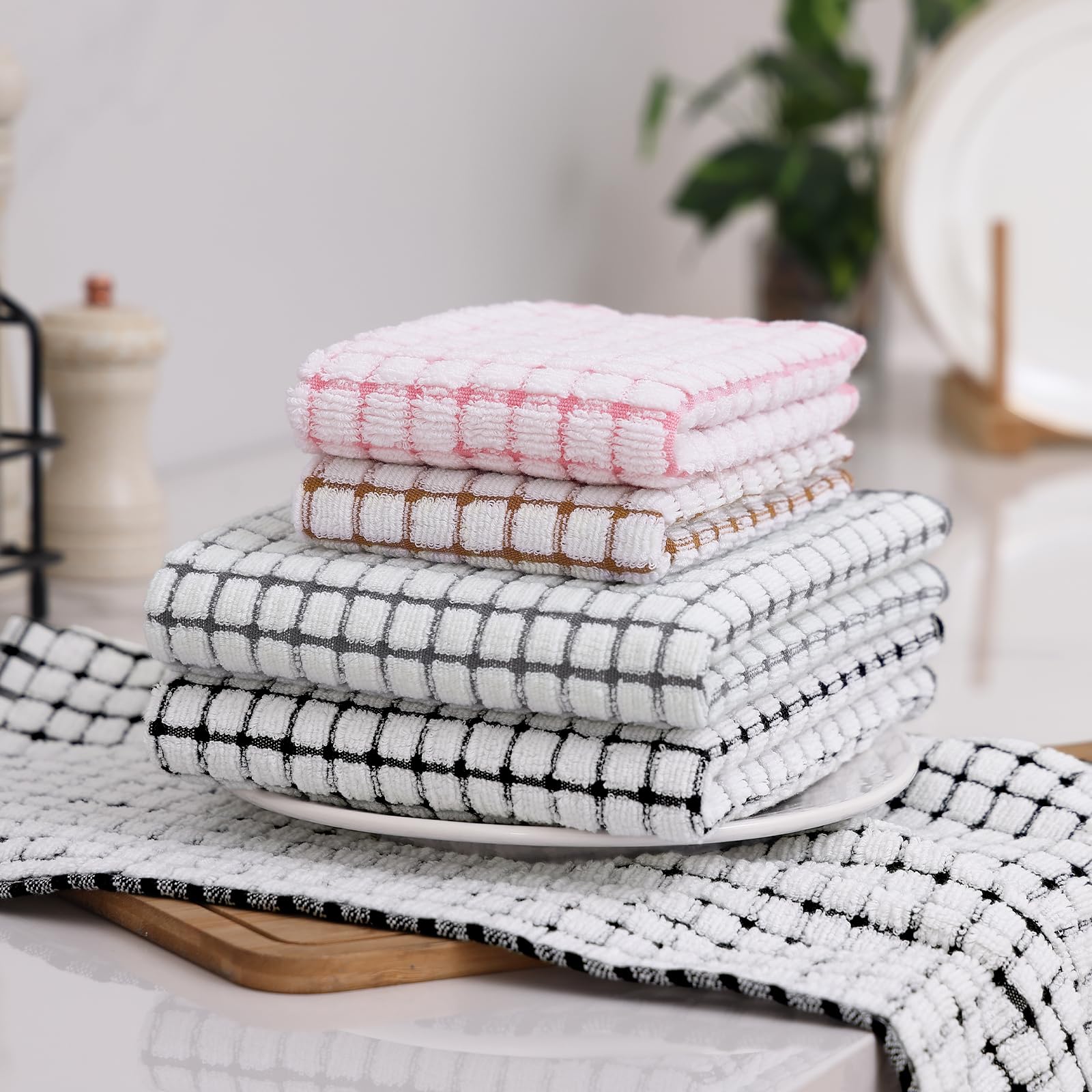 Homaxy Lot de 8 torchons de cuisine en coton éponge super doux et absorbants, 40,6 x 63,5 cm et 30,5 x 30,5 cm, noir/gris/rose/marron