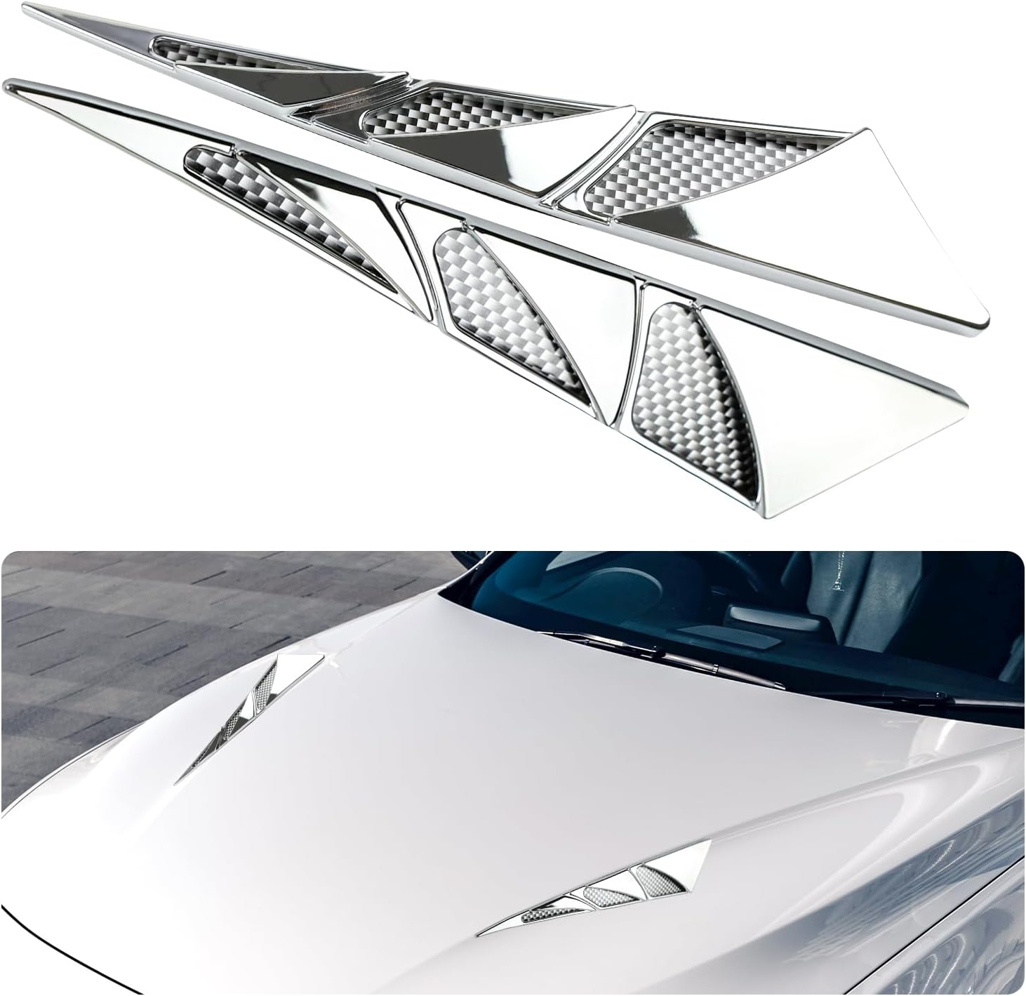 2PCS Car Hood Vent Cover, Shark Gill Hood Scoop Air Vent Trim Sticker, Self-Adhesive Side Fender Ventilation Cover Decoration, Universal Modified Exterior Car Accessories (Glossy Silver)