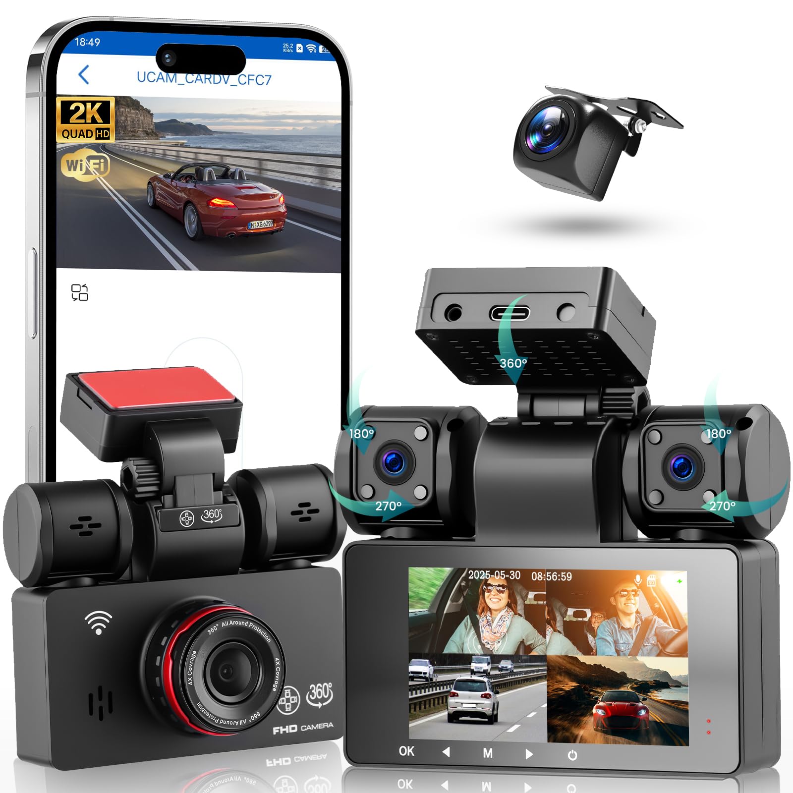 Hodozzy 2K Dashcam Voiture 360° avec 5GHz WiFi, 4 Caméras Avant Arrière Intérieur Gauche, Nachtsicht Ohne Licht, Écran Tactile IPS 3", Enregistrement en Boucle, Capteur G,Aide à la Marche arrière