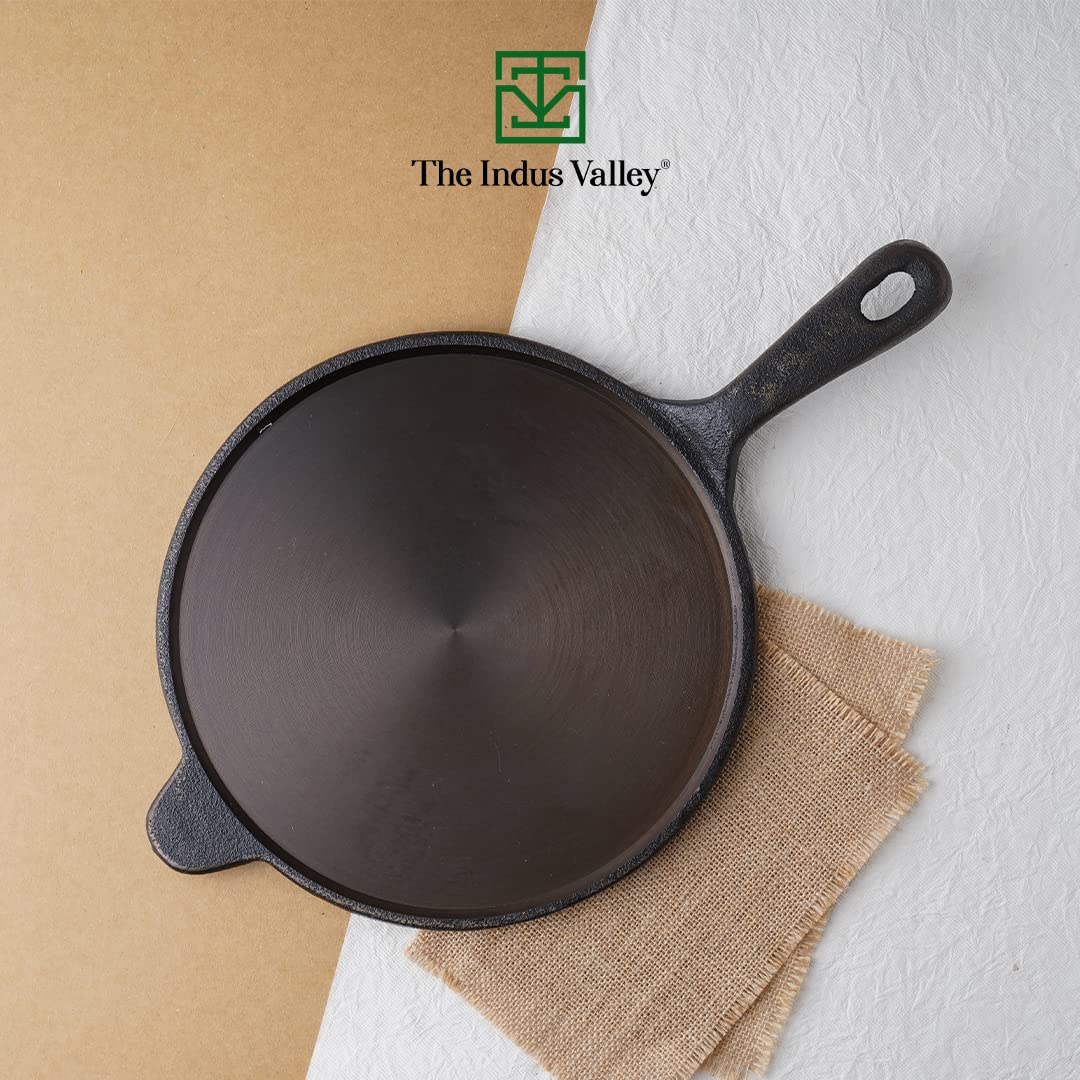 The Indus Valley PreSeasoned Super Smooth Cast Iron Tawa with Long Handle for Dosa/Roti