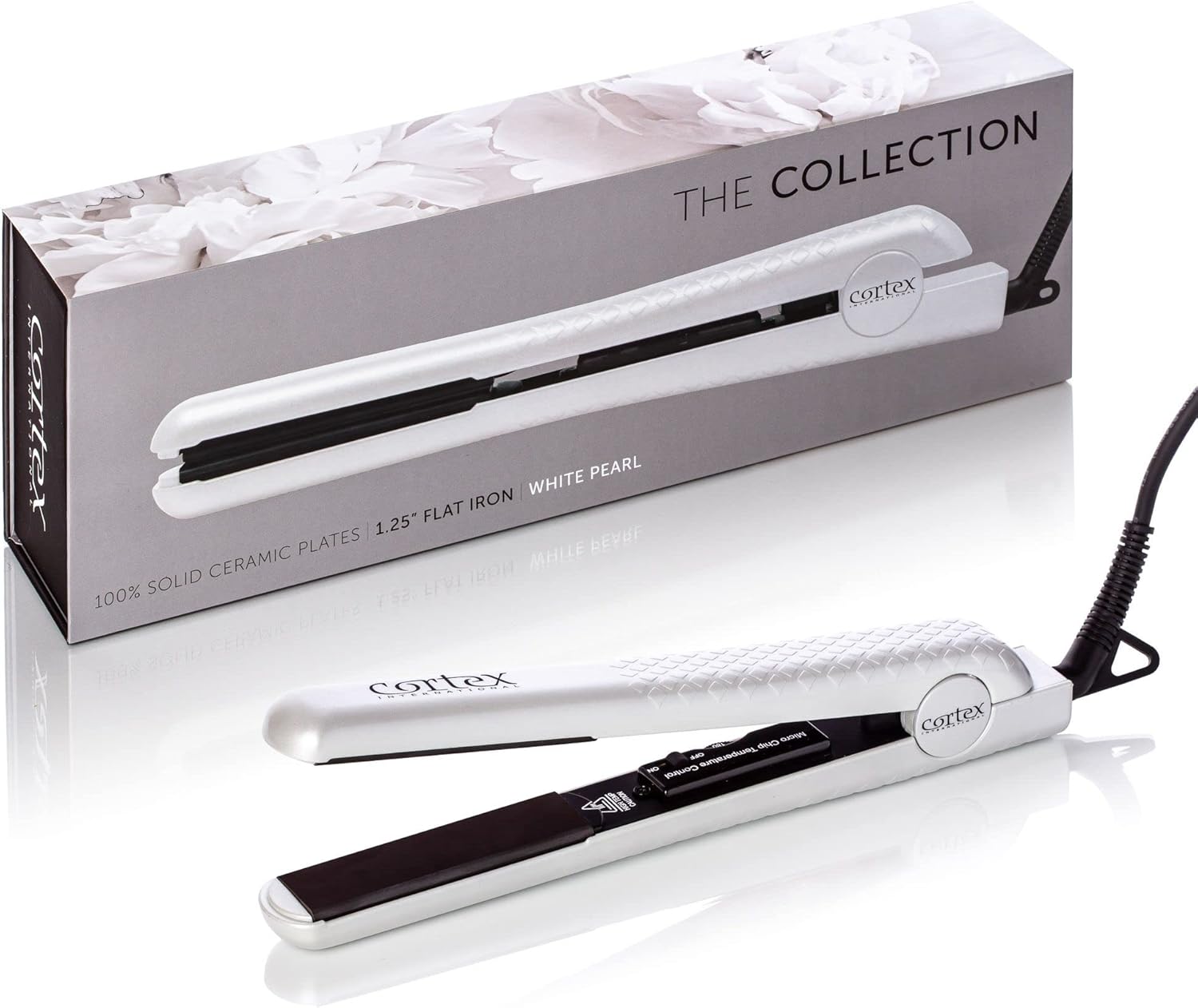 Cortex International Hair Straightener Flat Iron Professional Black Series Gemstone Infused Tourmaline Ceramic Plates 1.25 Inch - Planchas De Cabello (White - Floral)
