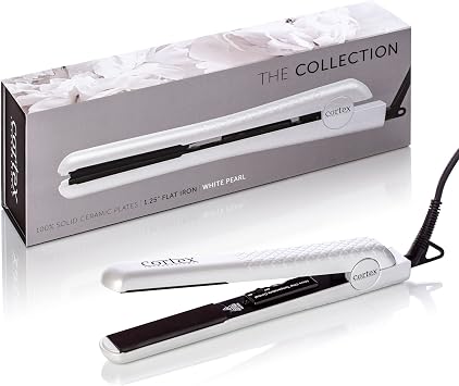 Cortex International Hair Straightener Flat Iron Professional Black Series Gemstone Infused Tourmaline Ceramic Plates 1.25 Inch - Planchas De Cabello White - Floral