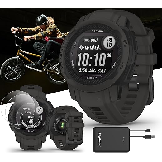 Garmin Instinct 2X Solar Tactical Outdoor GPS Smartwatch - Flashlight, Solar Charging, Fitness & Sleep Tracking - Bundle with PlayBetter Screen Protectors & Portable Charger, Black