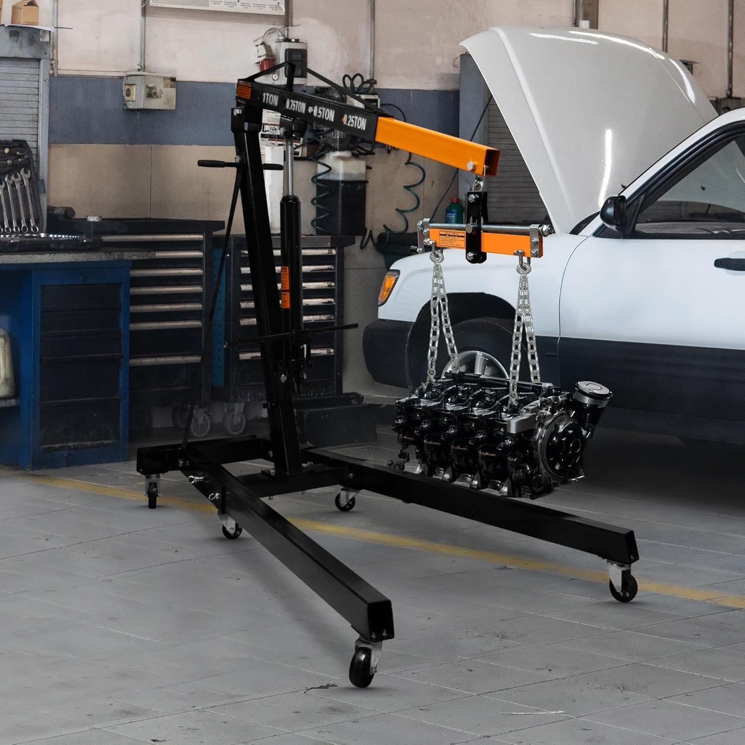 Gru Motore 1000kg e Bilanciatore di Carico Sollevatore Idraulico 900kg Trave Bilanciamento Doppio Gancio Catena Pompa Maniglia Gambe Pieghevoli Lift Jack Officina Garage 4 Posizioni Braccio Automotive