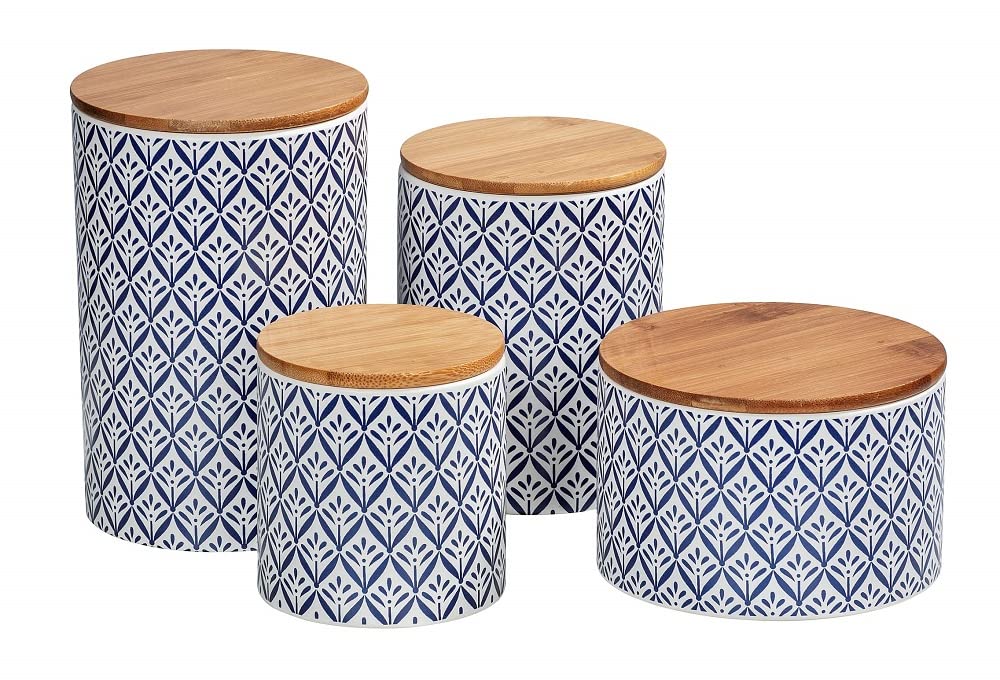 Wenko 54096100 Pojemnik do przechowywania Lorca z bambusową pokrywą, Pojemność : 1,45 l, ceramiczny, 12,5 x 18,5 x 12,5 cm, niebieski/biały