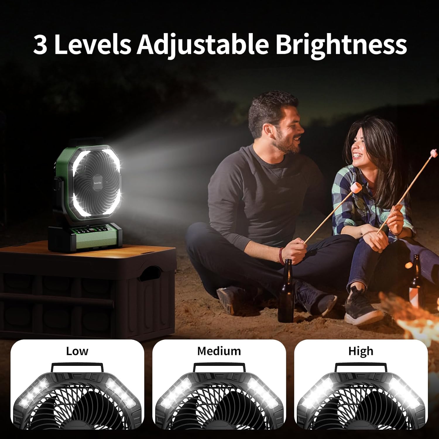 Socool D22 Camping Fan showing three adjustable brightness levels for its LED lights