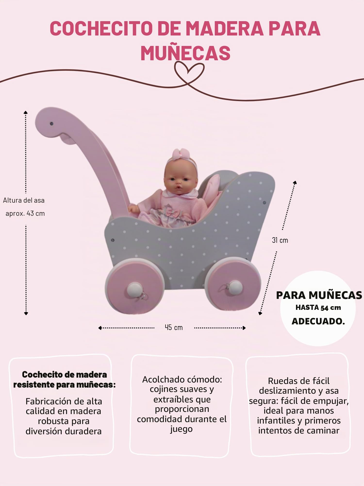 Cochecito de Madera para muñecas de bebé de hasta 54 cm, Carrito de muñecas de Madera, Altura de Empuje 43 cm, Puntos Grey