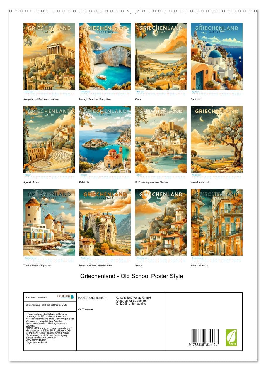 Griechenland - Old School Poster Style (hochwertiger Premium Wandkalender 2027 DIN A2 hoch), Kunstdruck in Hochglanz: Eine Sammlung von Poster über Griechenland in Old School Style (CALVENDO Orte)