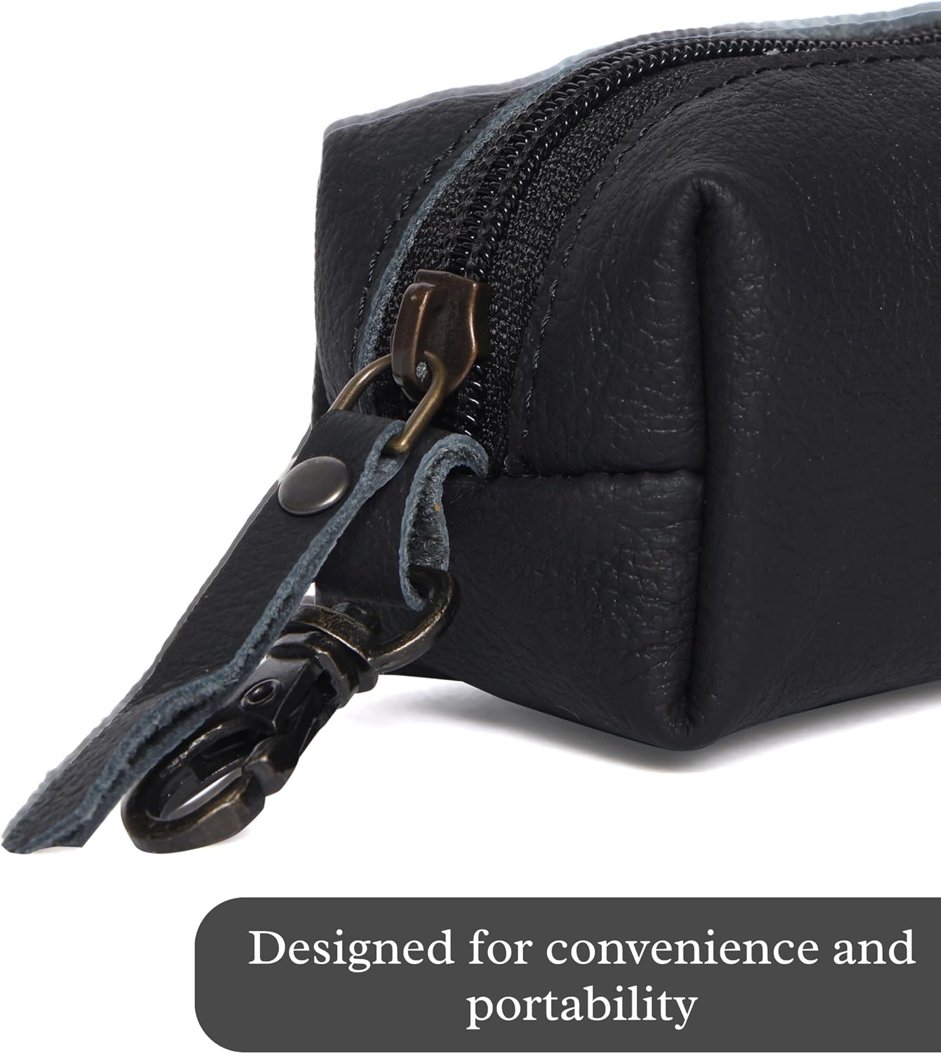 Leather Zipper Coin Pouch with Key Clip, Compact Change Holder Wallet for Men & Women, Small Leather Coin Purse for Cash, Keys, Earbuds, Everyday Carry Accessory (1, Black)