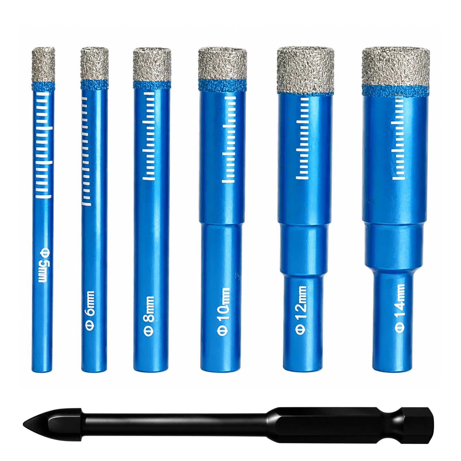 Juego de 7 Brocas Porcelanico – 5/6/8/10/12/14 mm Diamante + Broca Azulejo 6 mm Carburo – Para Cerámica, Granito, Vidrio, Gres – Incluye Lubricante de Cera – Perforación Precisa