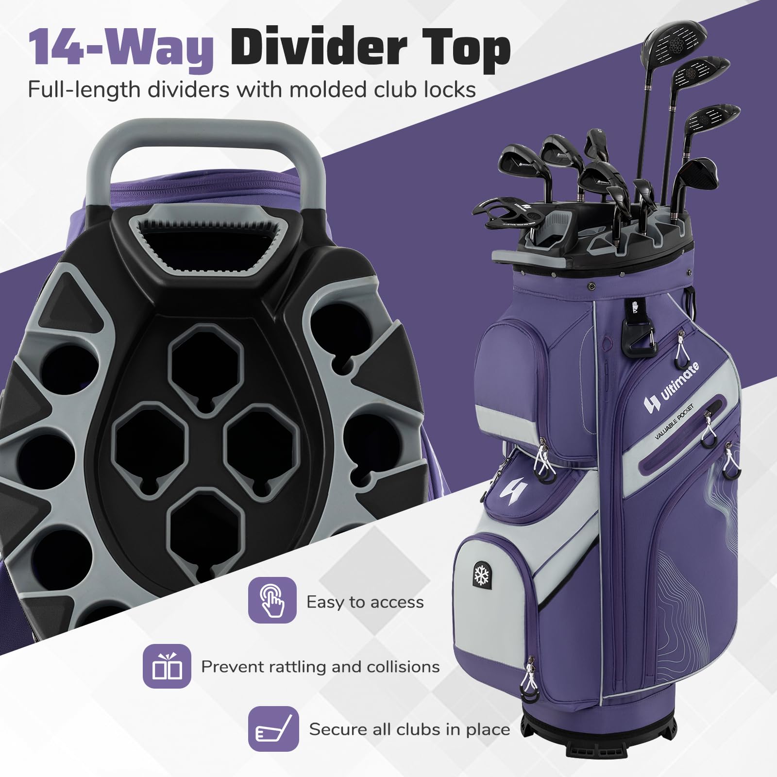LIFEZEAL Golftasche, Golf Cart Bag mit 14 Trennwänden, Golfschlägertasche mit 11 Taschen, Tragbarer Golfbag mit Gurt, Griffe, Regenschirm-Halterung