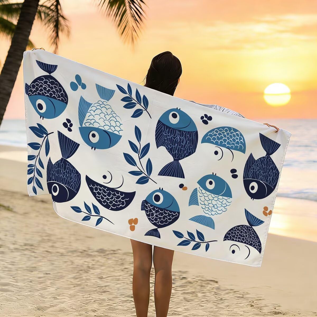Telo Mare Microfibra, Telo Mare Grande 100x200cm 2 Pezzi, Asciugamano Palestra Donna Asciugatura Rapida, Antisabbia Asciugamano Microfibra, Leggero Asciugamani Palestra per Regalo (Pescare) -4292