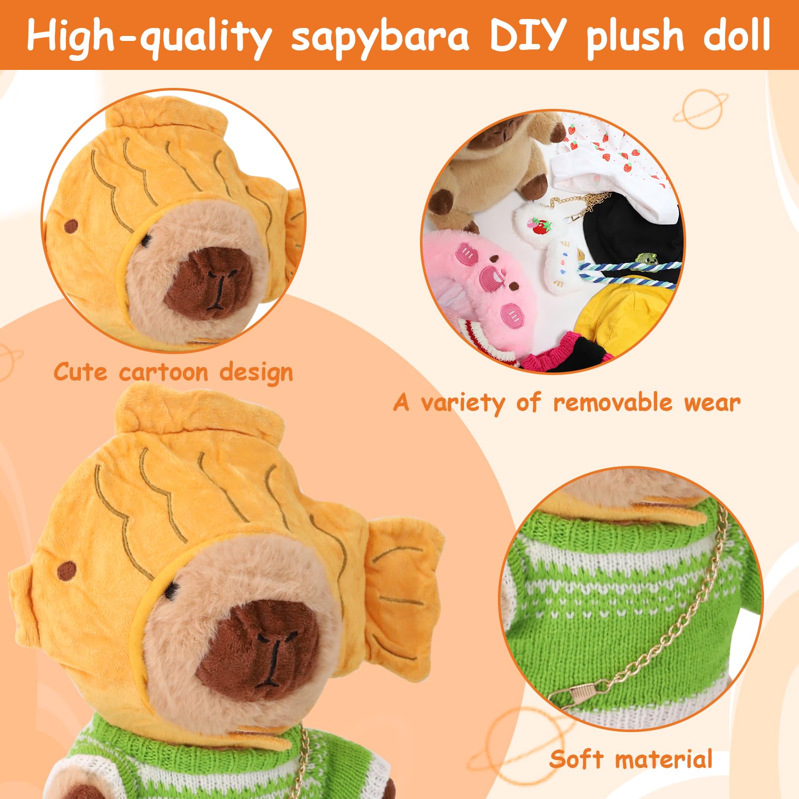 Capybara Peluche Set,23cm Peluche Capybara Bambola,simpatici peluche Capibara,peluche per bambini con vestiti e accessori,per la casa a forma di animale di peluche per il soggiorno (NEW 13PCS)