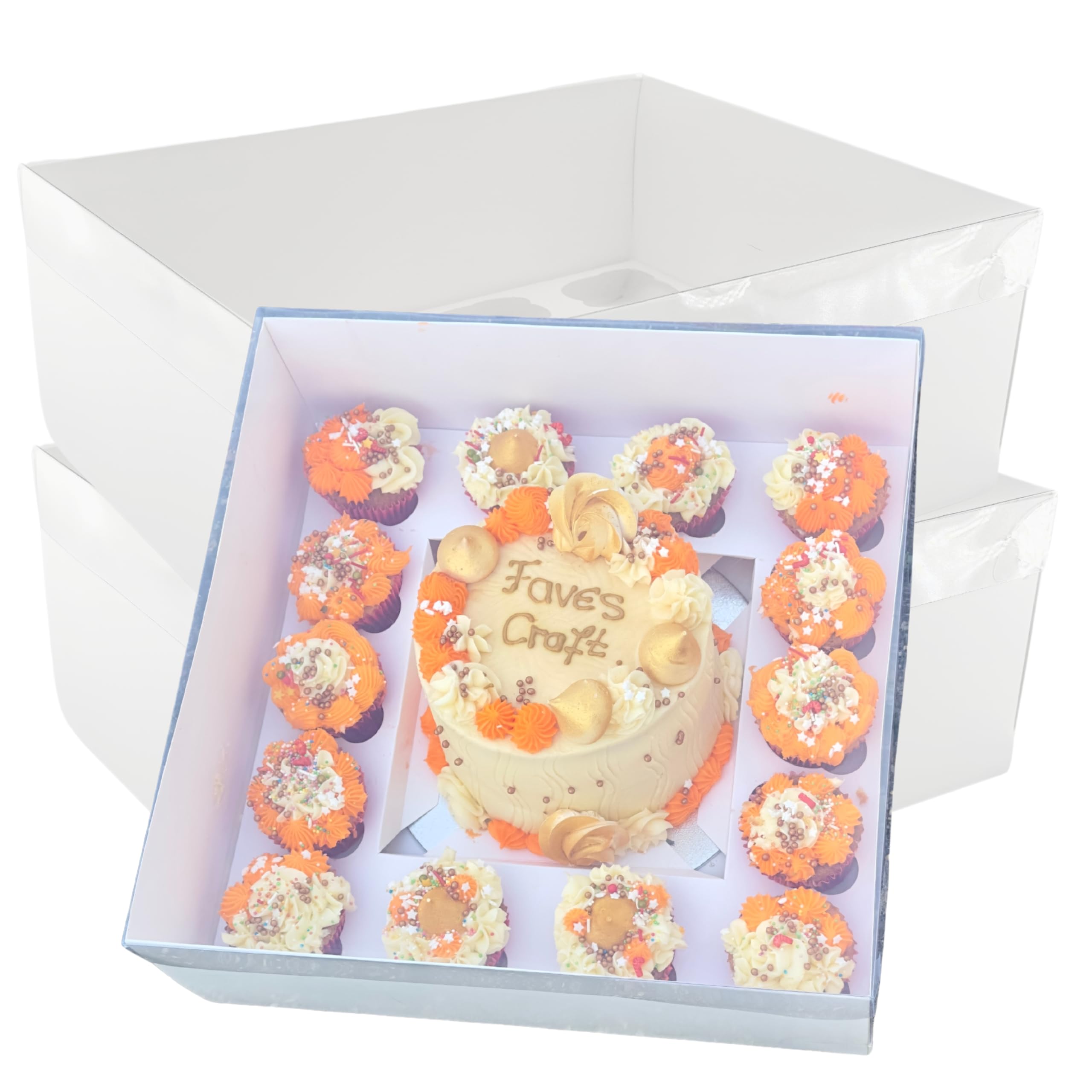 FAVES' CRAFT N MORE 15 Hole Bento Cake Box Cupcake and Cake Box Set, 14 Cupcake Holes, 8 inch Wide Cake Hole, Square White, Clear Lid For Carrying and Packaging Birthday Cakes, Christmas (1)