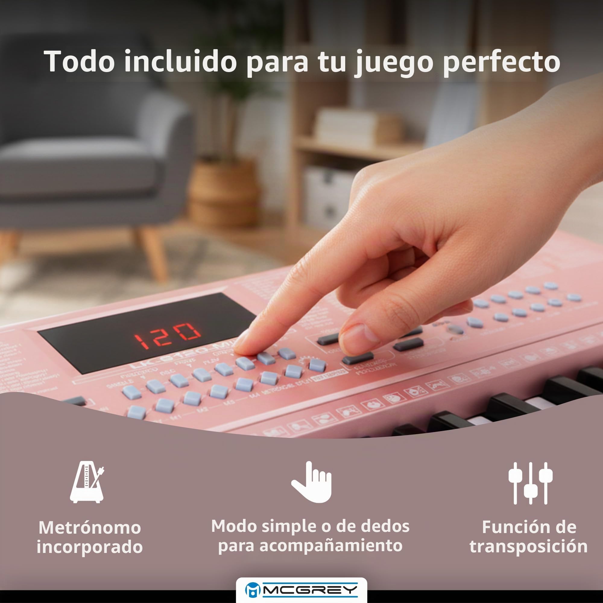 McGrey LK-6120-MIC Teclado Con Teclas Iluminadas Con Micrófono, 255 sonidos | Teclado para principiantes con 61 teclas iluminadas, 255 ritmos, 61 sonidos de percusión, 50 canciones demo, Sustain/ Vibrato