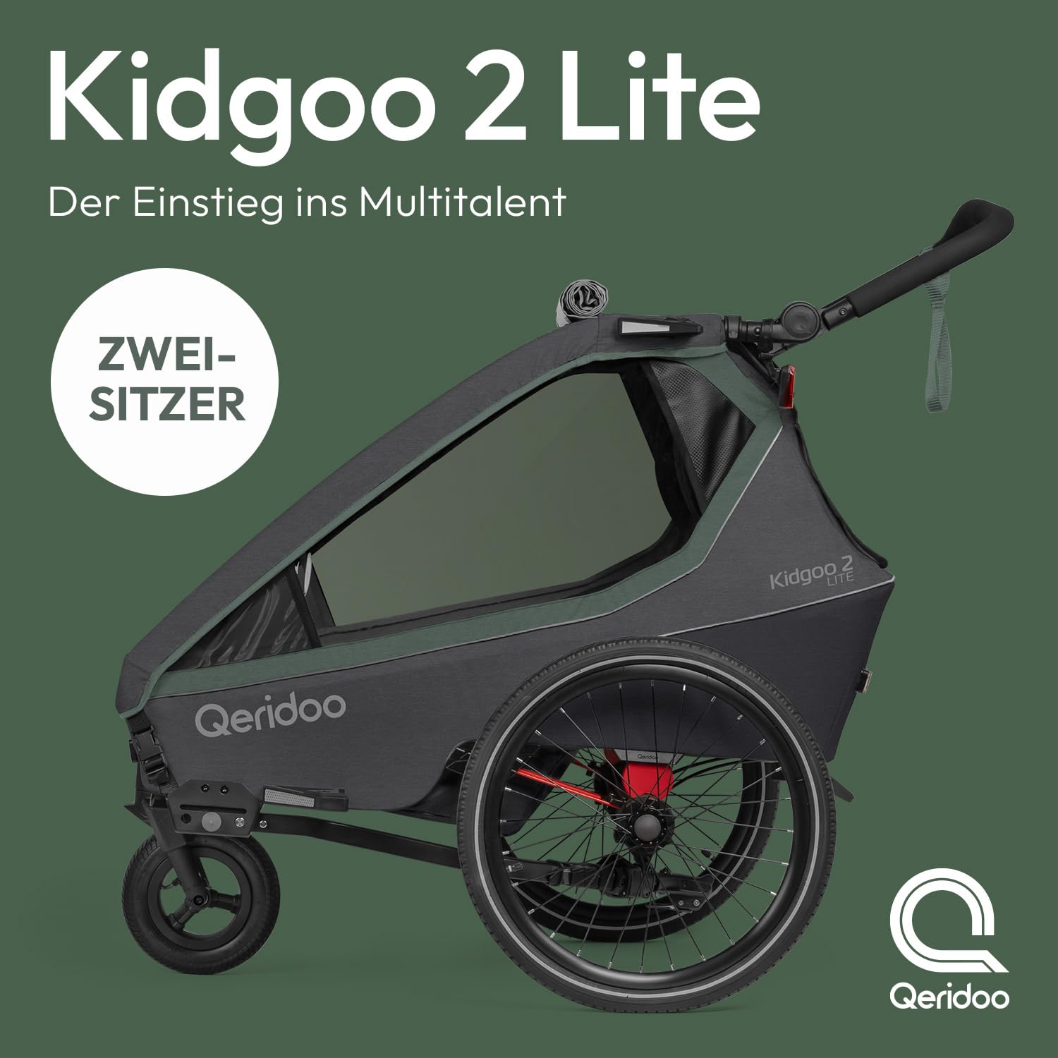 Qeridoo Kidgoo 2 Lite Fahrradanhänger 2 Kinder | Fahrrad Anhänger | Hochwertig & 3-in-1-Verdeck | Fahrradanhänger Kinder mit Buggyfunktion | Perfekter Allrounder | Bike trailer Für 2 Kinder