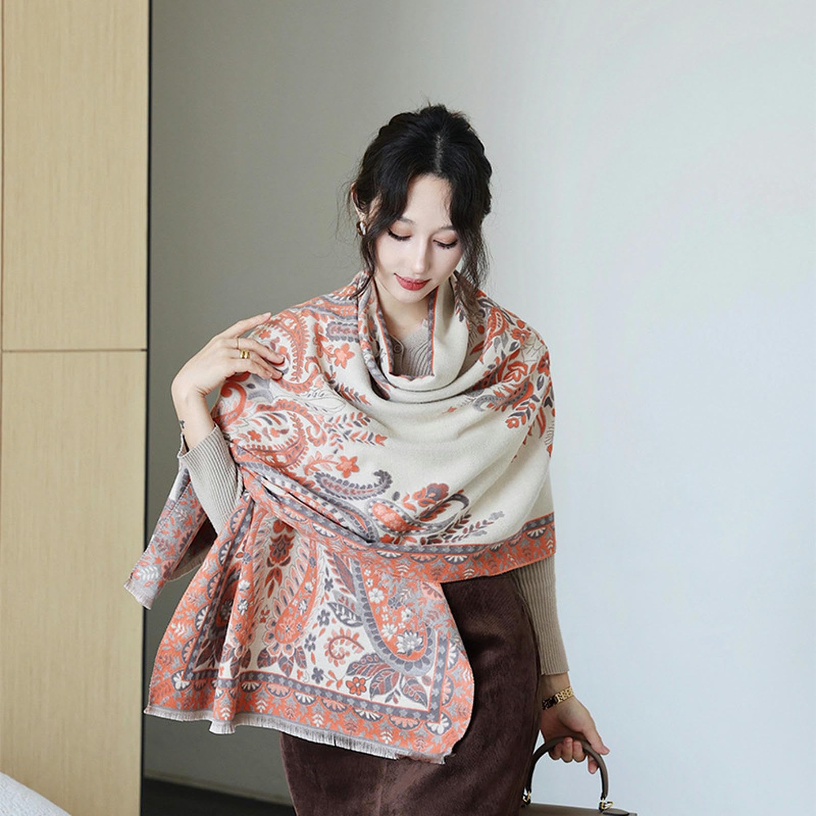 Sciarpa Donna Sciarpa Femminile Imitazione A Doppia Faccia Cashmere Spessa Morbida Stampa Calda per La Protezione Solare A Scialle di Grandi Scialli Regalo 65 * 190cm-rosso